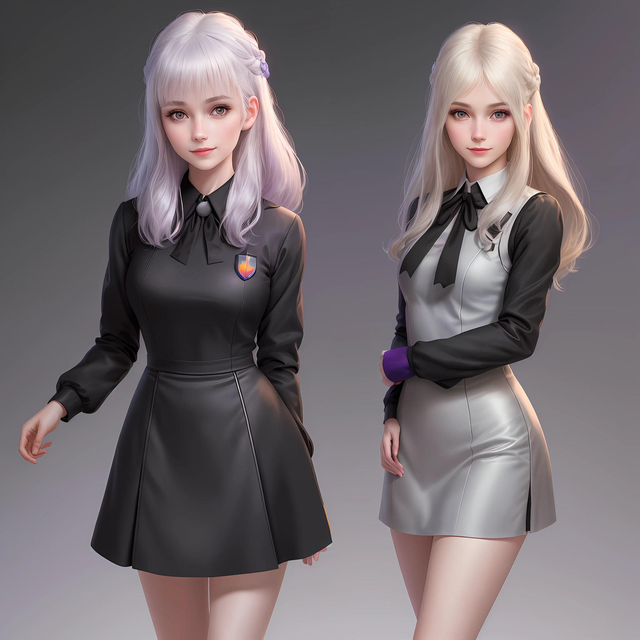 1girl, beautiful retro colors, instagram (realistic, high resolution: 1.4), ((puffy eyes)), looking at the viewer, full body (8k, RAW photo, best quality, masterpiece: 1.2), (realistic, photorealistic photo: 1.37), (sharp focus: 1.2), professional lighting, photon mapping, radiosity, physically based rendering, (pale skin: 1.2), (small breast: 1.2), looking at the audience, (medium hair: 1.5), portrait, Purple Eyes, (Silver: 1.1), Bangs, (Simple Background: 1.4), Solo, Upper Body, Realistic, (Masterpiece: 1.4), (Maximum Quality: 1.4), (Brightened), Mage Sister, Makeup, Smile (Skinny, Shut Up, Shy: 1.3), (Standing, Black Flight Attendant Uniform, Necromancer: 1.1), Medium Bust, Sexy Pose, Real People