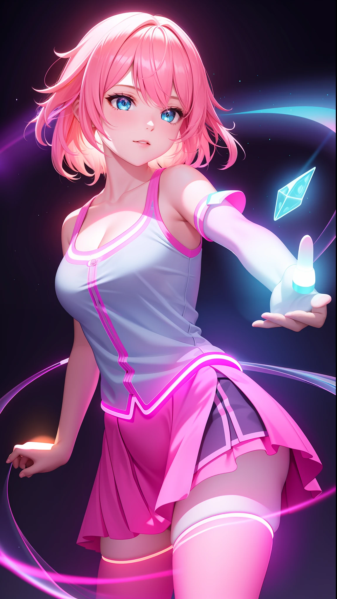 cute young woman, ultra high quality, volumetric, bioluminescence, luminism, pink-orange, global illumination