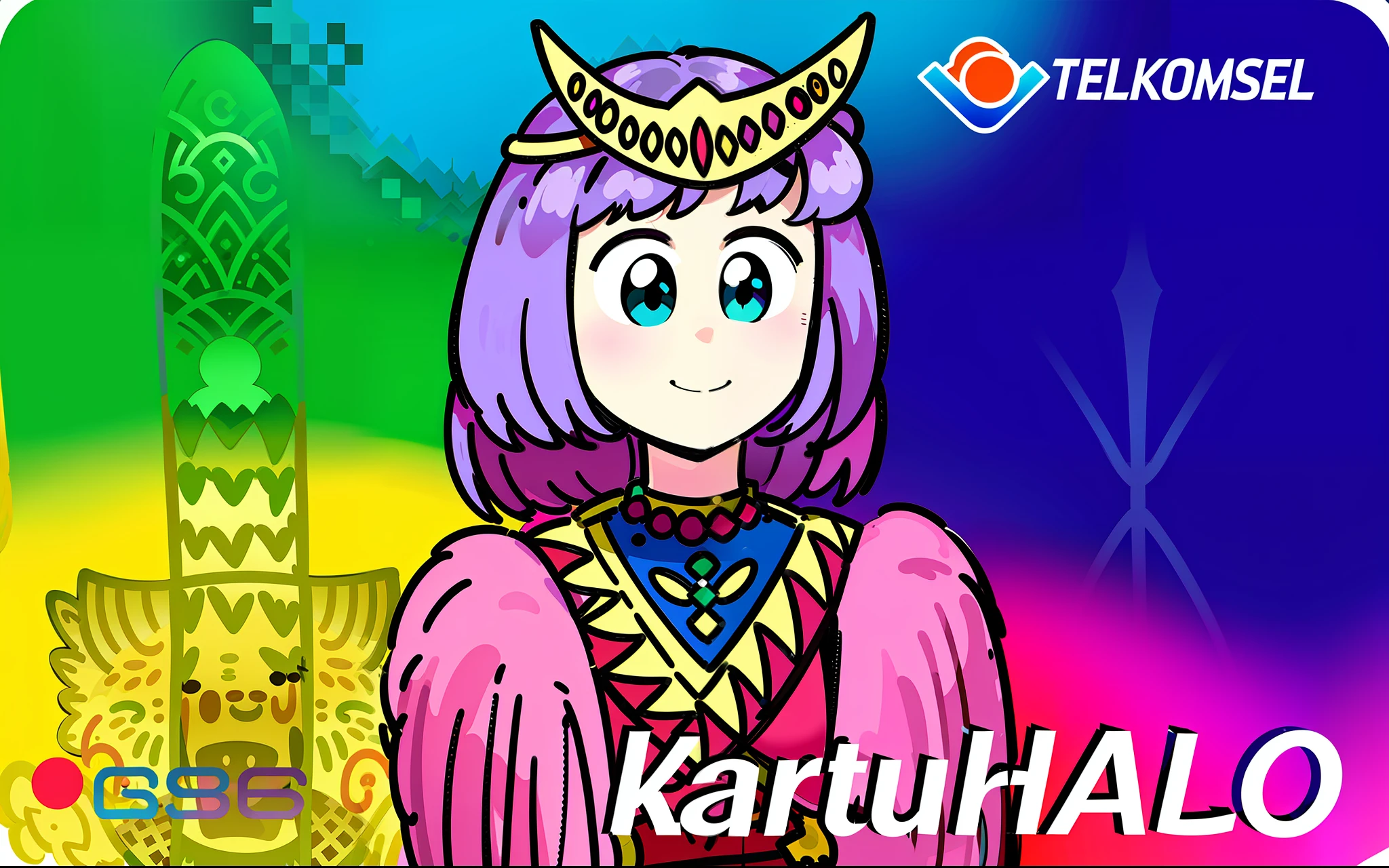best quality, 1girl, purple hair, aqua eyes, traditional clothes, colorful clothes, headgear, smile, text, logo, culture, colorful background, rainbows