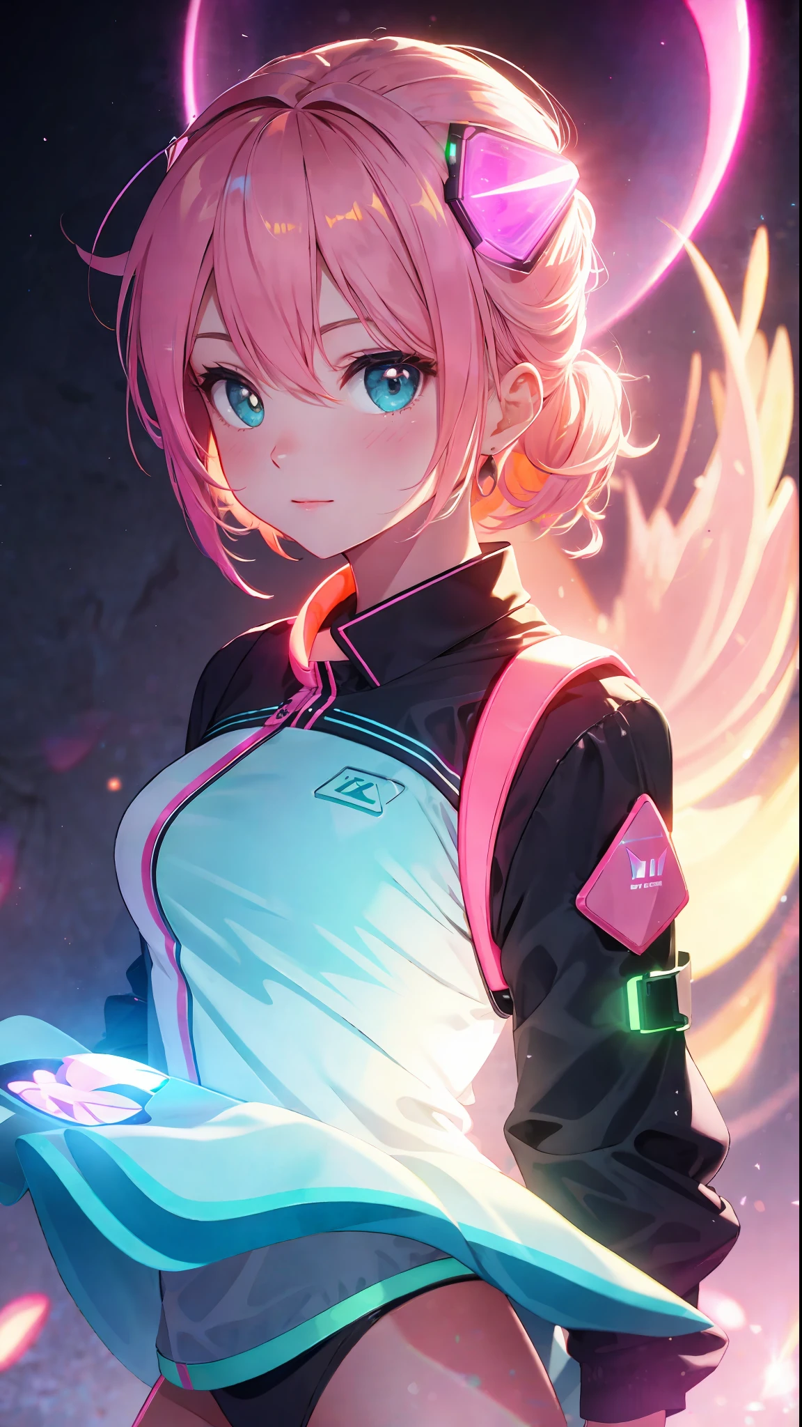 cute young woman, ultra high quality, volumetric, bioluminescence, luminism, pink-orange, global illumination