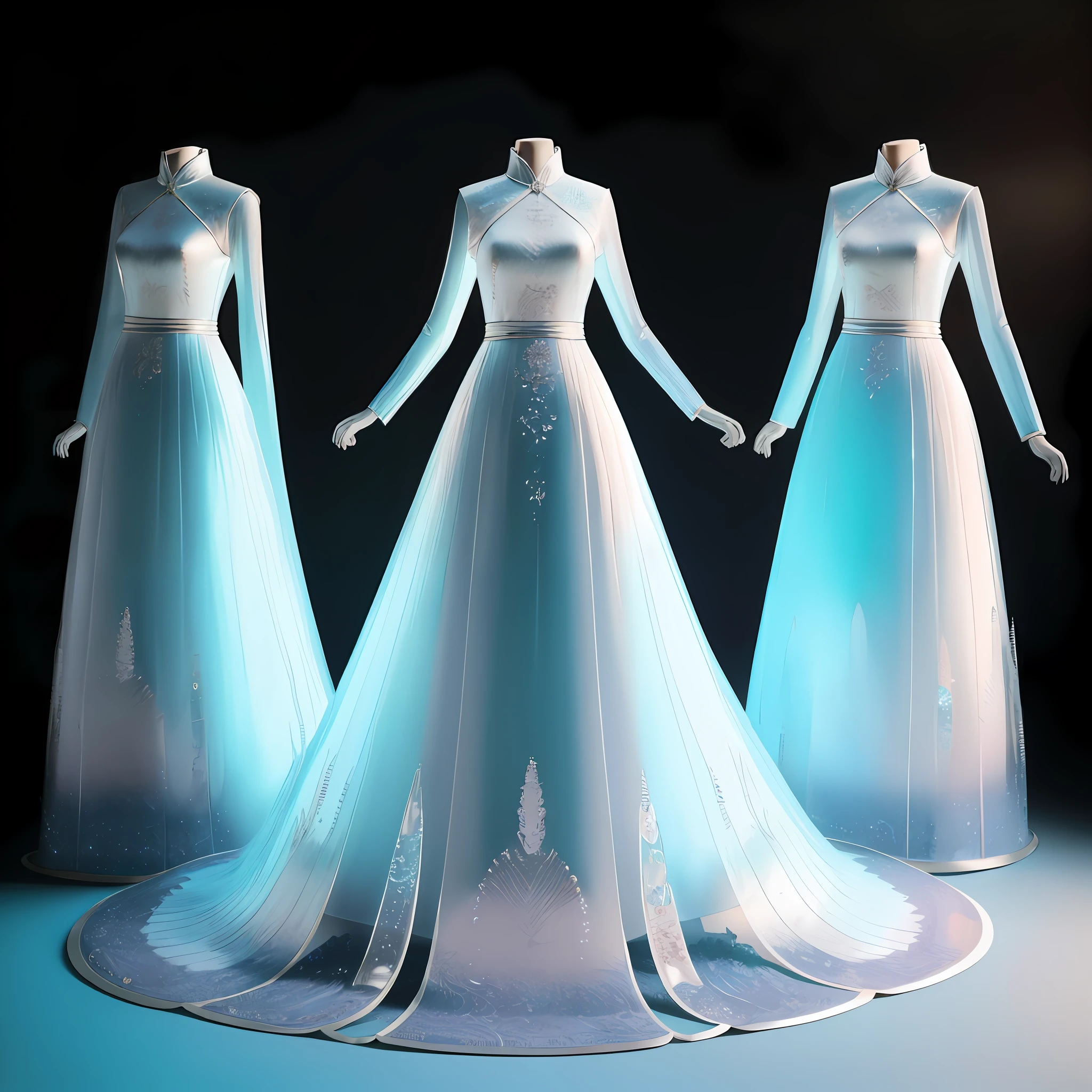 three dresses are displayed on a stand in a dark room, on a mannequin. high resolution, on a mannequin. high quality, depicted as a 3 d render, translucent dress, marvelous designer 3d rendered, light dress, elsa, wearing fantasy formal clothing, intricate fantasy dress, fantasy long intricate gown, stuning fantasy 3 d render, imperial royal elegant clothing