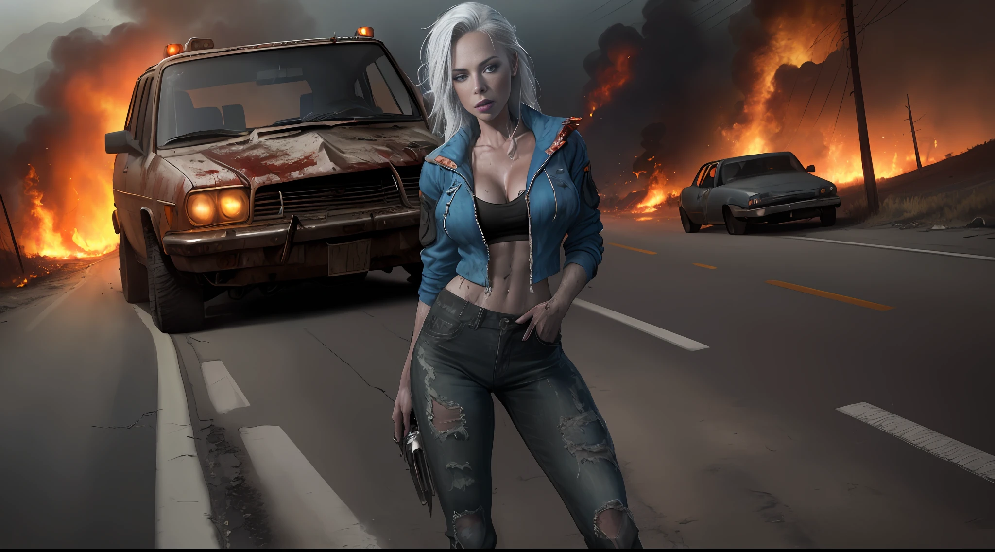 Capri Anderson (beautiful and bold, seductive and attractive, blue eyes, pointed breasts, dark lipstick, sweaty body, windbreaker, torn leg pants, boot, white hair, thick legs). (deserted road, dirt road, blood, zombies, smoke, fire, cars on fire, abandoned road, zombie movie, apocalyptic setting, cinematic effect), (Best quality, masterpiece, depth of field, Full HD, 4K, richness of detail). Portrait style