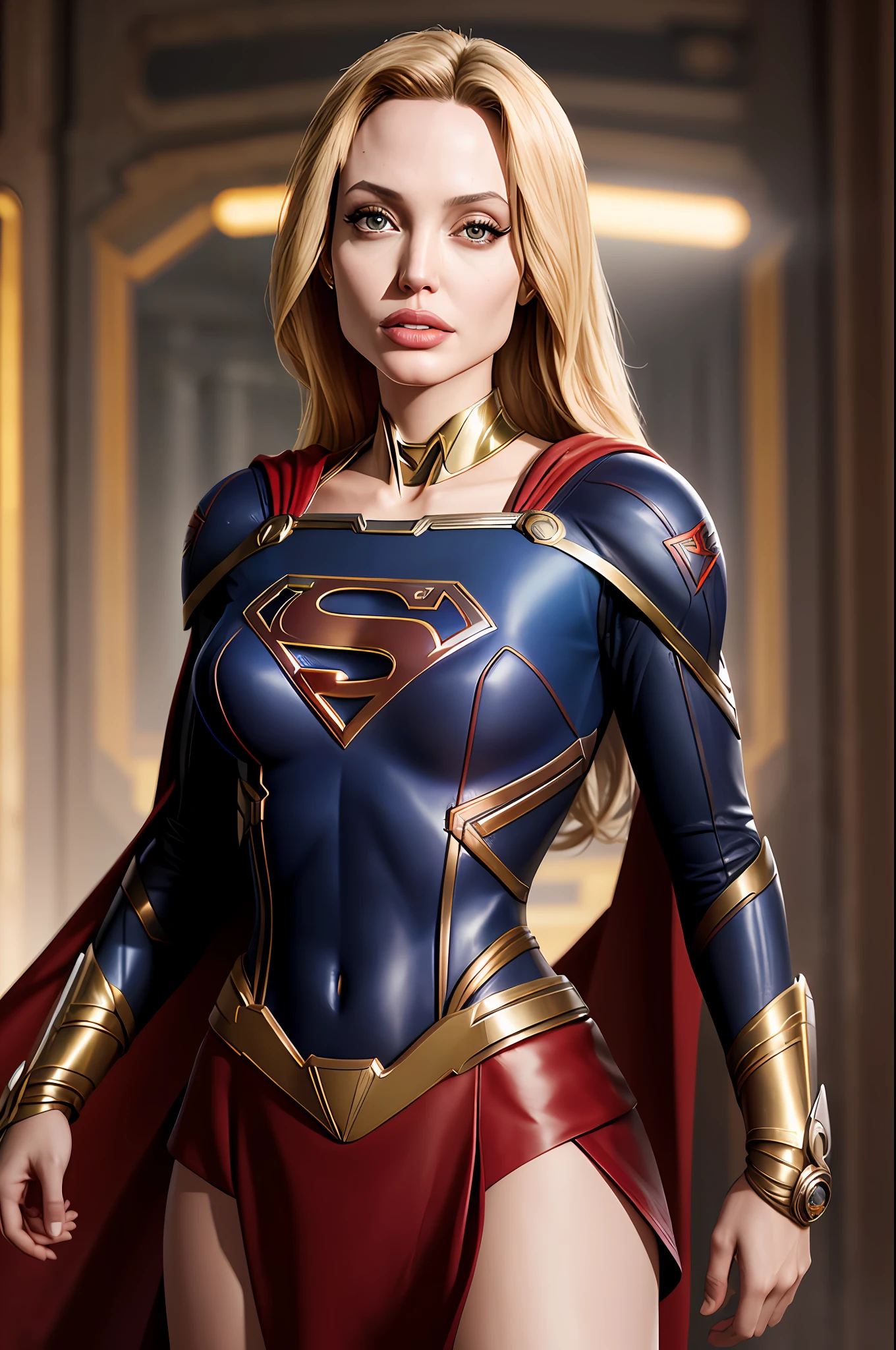 a photo of a beautiful S032_angelina jolie, as (supergirl:1.1), in (Metropolis:1.2), (8k, RAW photo, best quality, ultra high resolution, photorealistic, masterpiece, ultra-detailed, Unreal Engine)