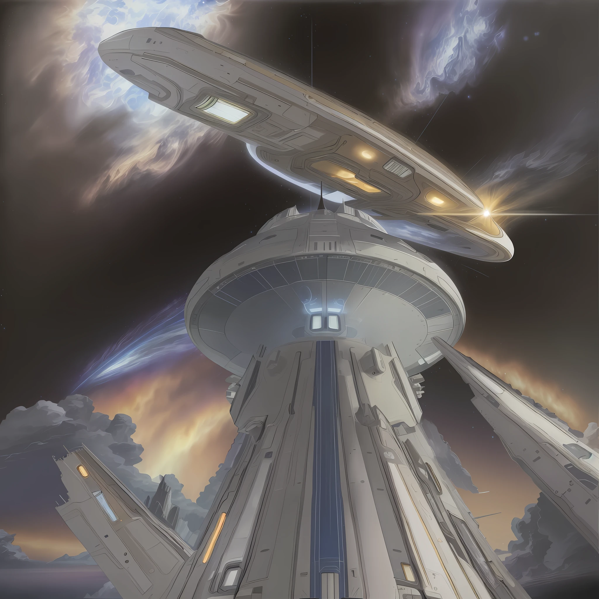 Scene of a spacecraft flying towards a galaxy farther away