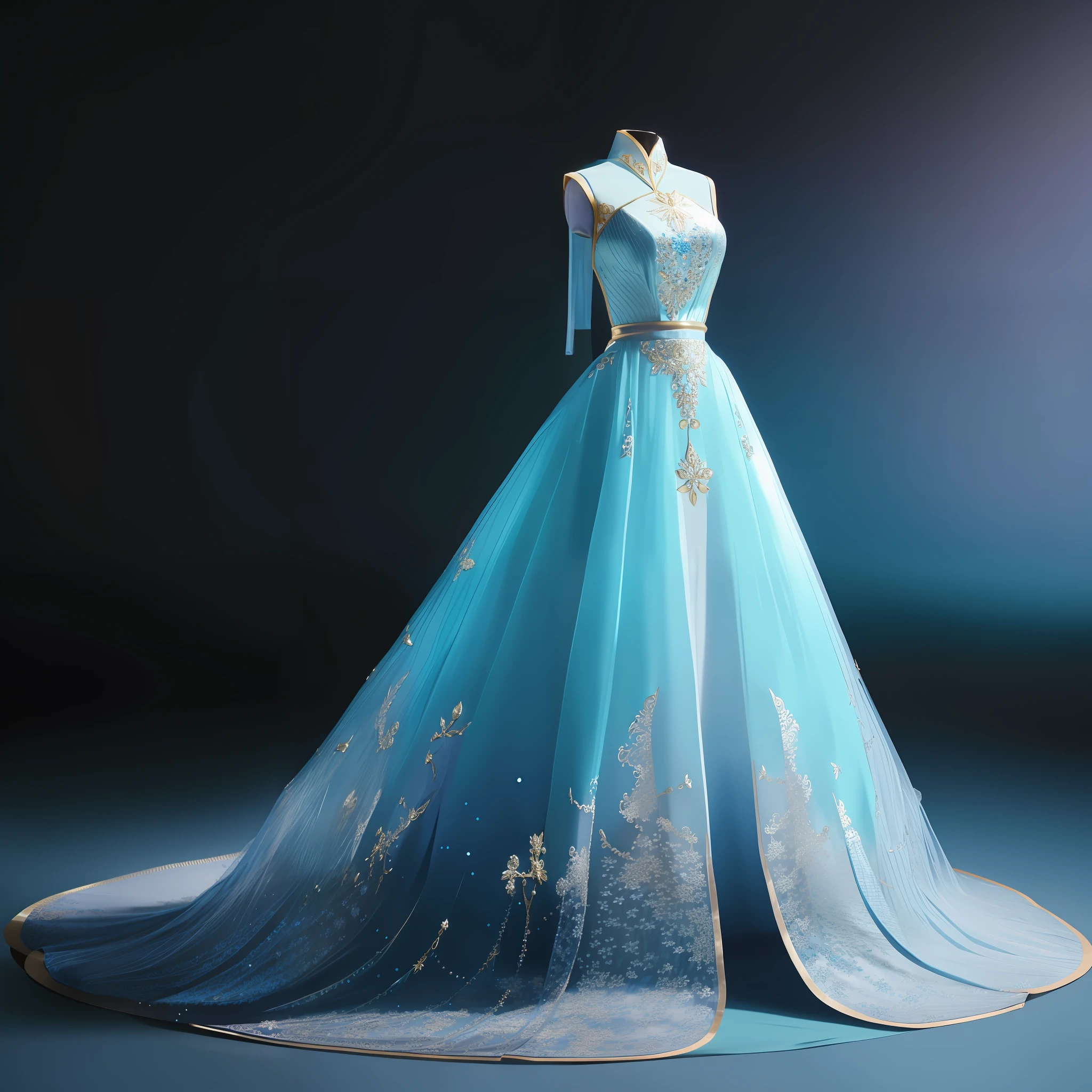 there is a dress on a mannequin stand with a blue background, gown, dressed beautiful gown, an intricate dress, royal gown, magical dress, royal dress, fantasy dress, elsa, intricate fantasy dress, full dress, dressed in a beautiful, beautiful gown, wearing a magnificent dress, intricate gown, beautiful and elegant, flowing gown, a blue dress, long gown