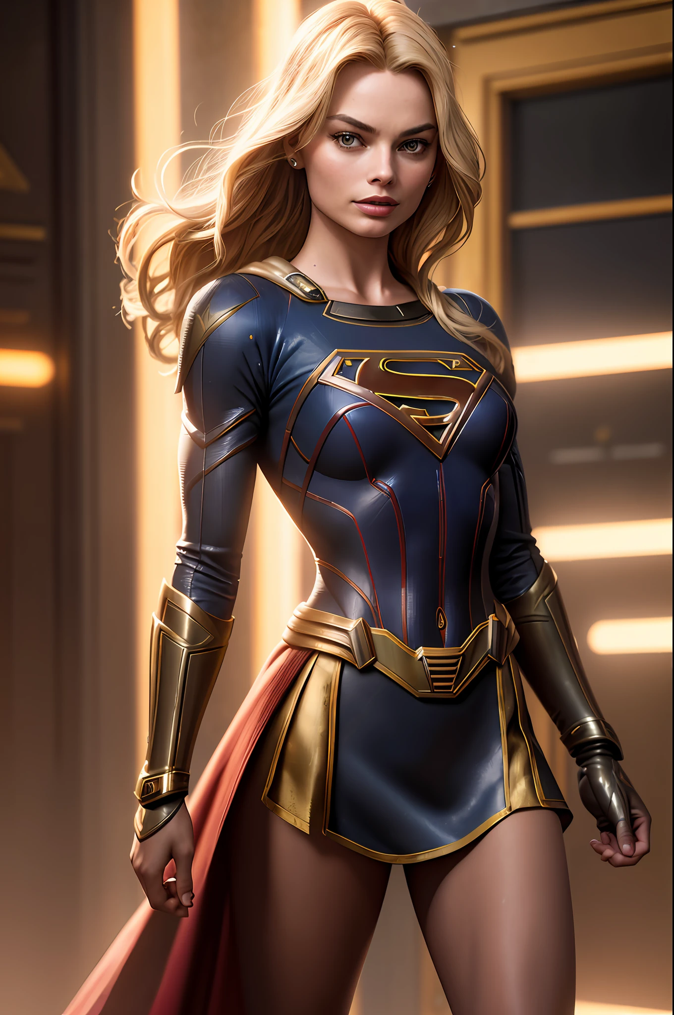 a photo of a beautiful S032_margot robbie, as (supergirl:1.1), in (Metropolis:1.2), (8k, RAW photo, best quality, ultra high resolution, photorealistic, masterpiece, ultra-detailed, Unreal Engine)