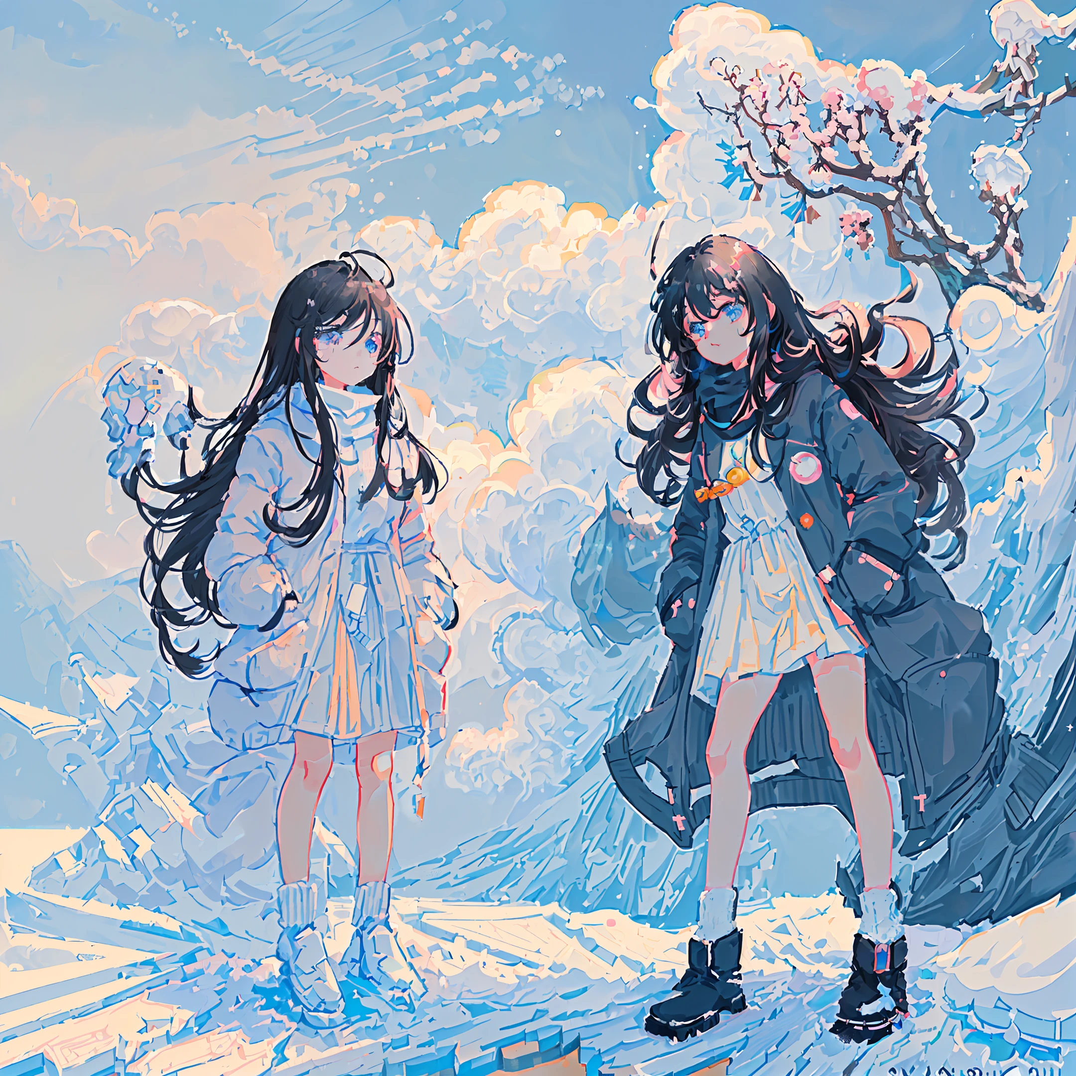 1girl,day,((cloud)),(((amazing))),((kawaii)),(((pubic_hair)),)((super delicate)),cute,(((masterpiece))),(((cute chibi)))((very long coat)),big breasts,(((black hair))),blue eyes,(((snow))),((in winter)),(((hands_in_pockets))),standing,((balck hair)),((vaginal)),,((sakura)),nude,cityl,((vaginal)),pockets