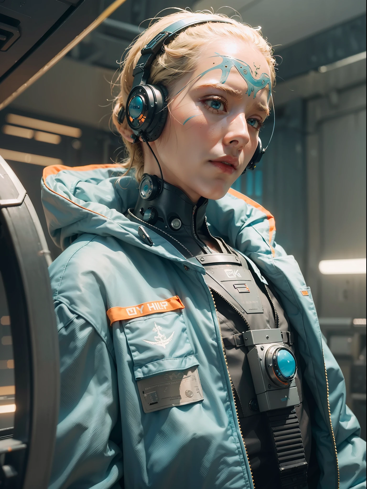 (extremely detailed CG unity 8k wallpaper, masterpiece, photorealistic), teal and orange, futuristic, close shot of a cyborg human, old man, military, officer, pilot, beautiful, intricate details, sharp, futuristic design, shiny, high saturation, cyberpunk.