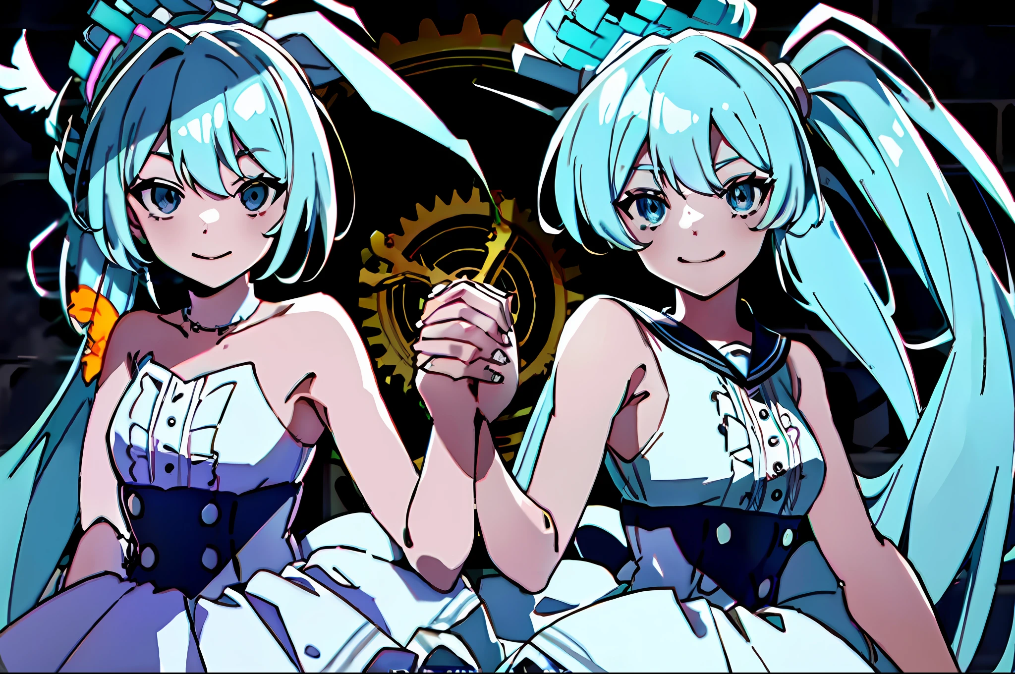 Requiem, Look at the Beholder, Smile, Several Women,Miku, 2 Women, Upper Body, Hand Holding, Brick Wall, Gear, Arona, 1 Woman, White Headband, Bow Headband, Halo, Short Hair, Single Braid, School Uniform, Blue Shirt, White Sailor Collar, Long Sleeves, White Bow Tie, White Choker