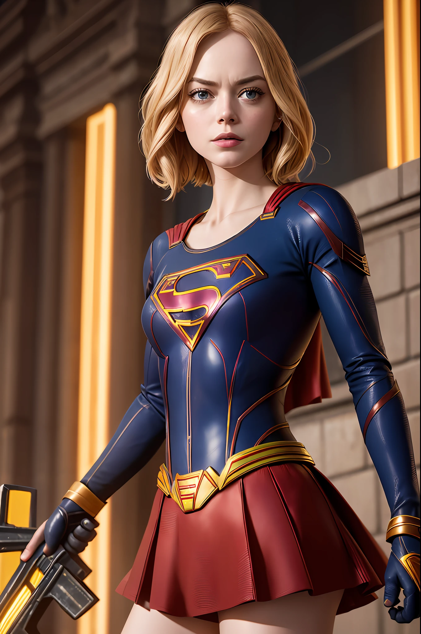 a photo of a beautiful S032_emma stone, such as (supergirl:1.1), in (Metropolis:1.2), (8k, RAW photo, best quality, ultra high resolution, photorealistic, masterpiece, ultra-detailed, Unreal Engine)