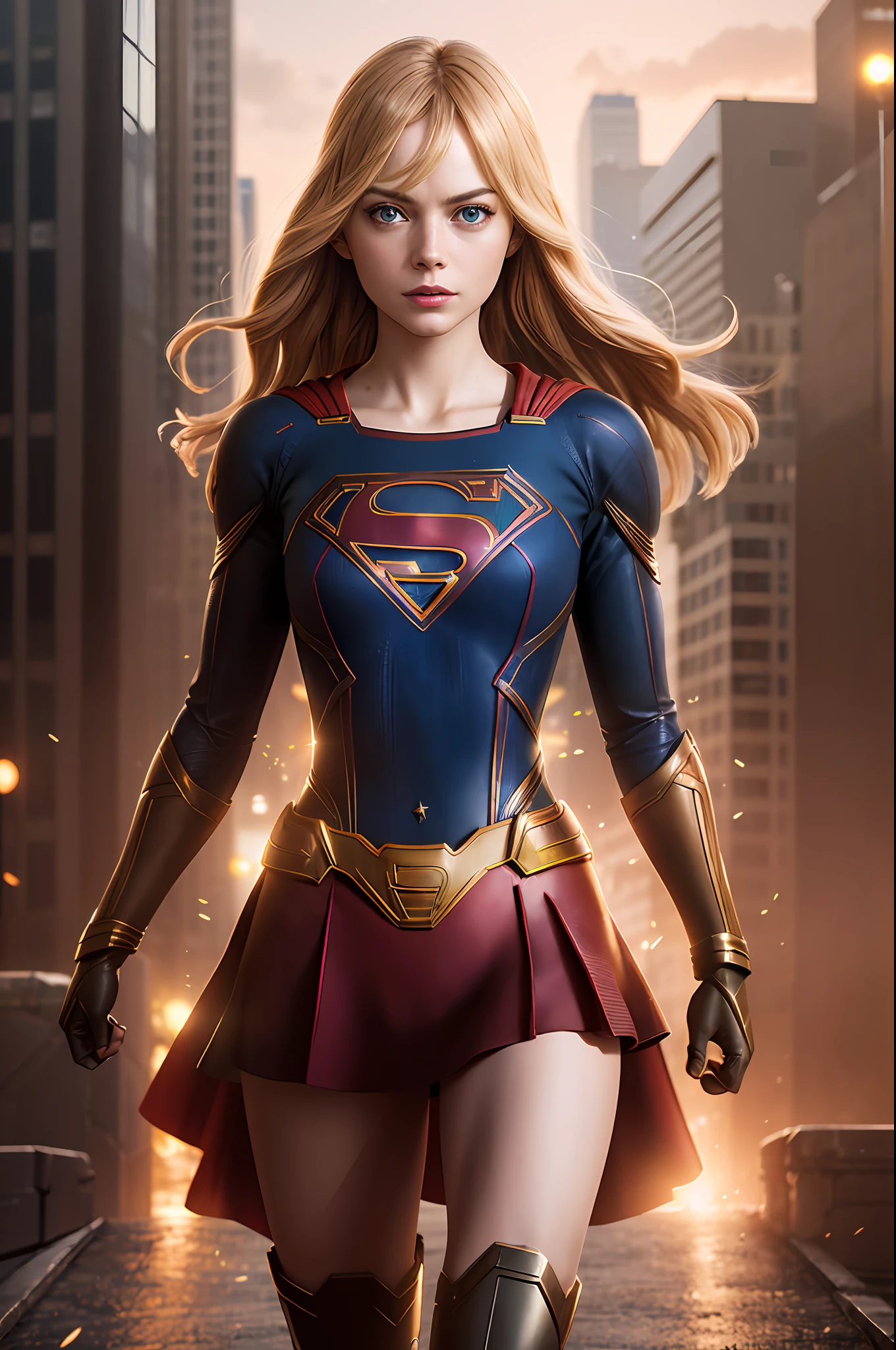 a photo of a beautiful S032_emma stone, such as (supergirl:1.1), in (Metropolis:1.2), (8k, RAW photo, best quality, ultra high resolution, photorealistic, masterpiece, ultra-detailed, Unreal Engine)