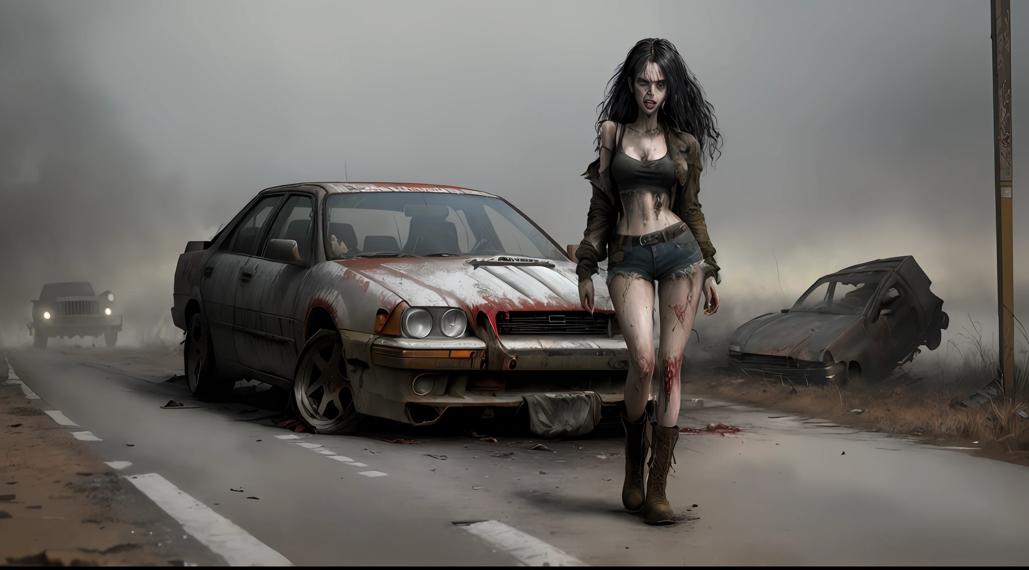 Yael Shelbia (beautiful and bold, seductive and attractive, blue eyes, pointed breasts, long curly black hair, sweaty body, open shirt, short shorts, boot, thick legs). (deserted road, dirt road, blood, zombies, zombies coming out of the smoke, zombies behind the model, abandoned cars, newspapers, abandoned objects, bodies lying on the ground, abandoned road, zombie movie, apocalyptic scenario, cinematic effect), (Best quality, masterpiece, depth of field, Full HD, 4K, richness of detail). Portrait style