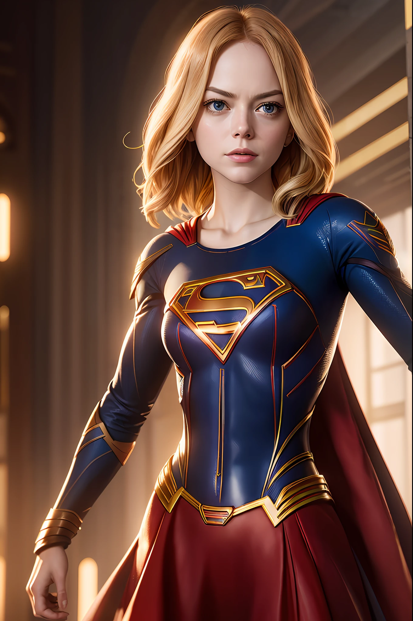 a photo of a beautiful S032_emma stone, such as (supergirl:1.1), in (Metropolis:1.2), (8k, RAW photo, best quality, ultra high resolution, photorealistic, masterpiece, ultra-detailed, Unreal Engine)