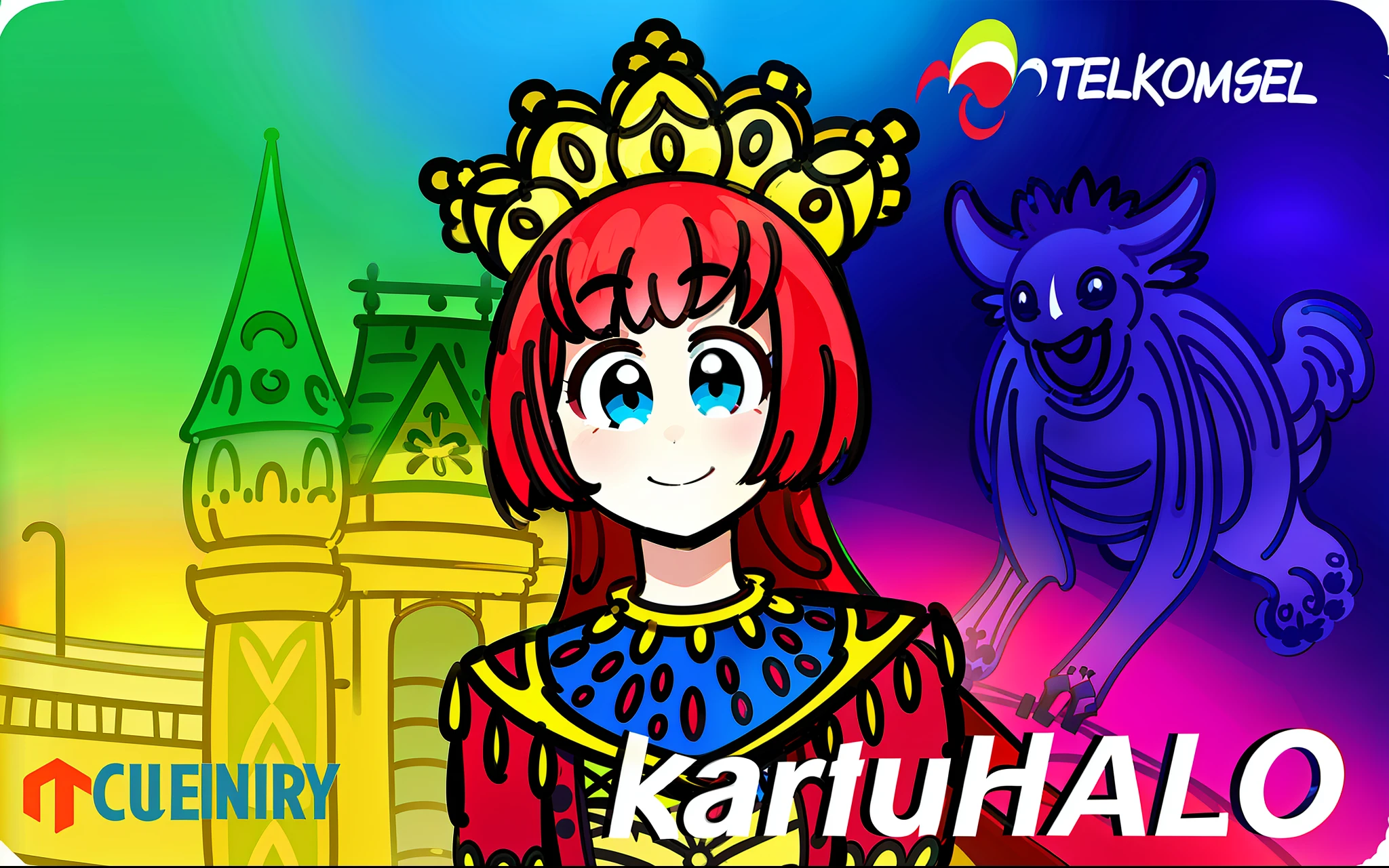 best quality, 1girl, red hair, bangs, blue eyes, traditional clothes, colorful clothes, yellow headgear, smile, text, logo, culture, building, tower, cute animal, colorful background, rainbow