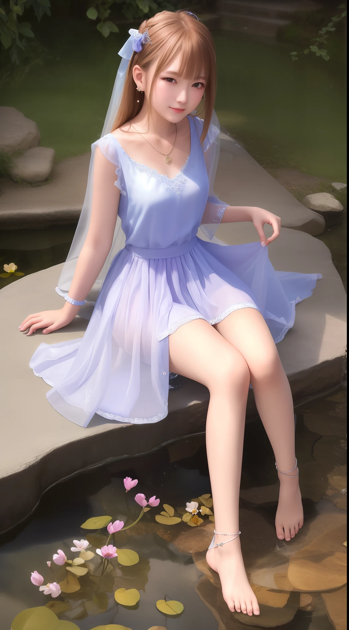 Best quality, masterpiece, high resolution, 1girl, transparent silk dress, beautiful face, hair accessories, sitting by the pond to wash your feet, one foot splashing, girl naughty smile, hair accessories, necklaces, jewelry, long hair, earrings, rounded feet, perfect toes, Tyndall effect, realism, dark studio, edge lighting, two-tone lighting, (high detail skin: 1.2), soft light, high quality, volumetric lighting, high resolution, 8k, background bokeh