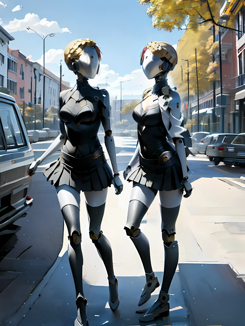 (robot:1.2), masterpiece, best quality, detail, 1 girl, hairstyle looking at the viewer, (top: 1.4), (miniskirt:1.3), city, people, hands behind your back, sunny sky, house, street, café
