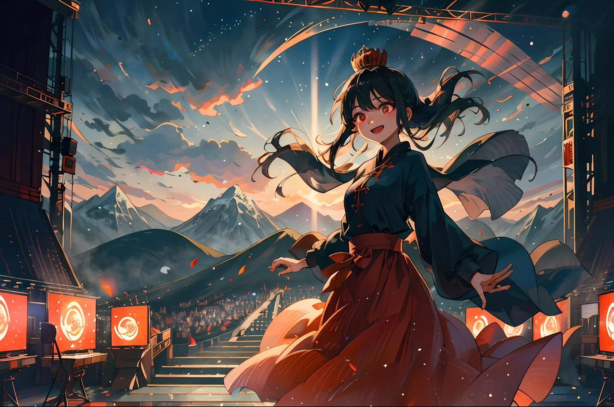 A Chinese girl in a long flowing dress, Stand on an open-air stage and sing, Under the stage was a dense audience, The sky in the distance is setting in the west, black hair, crown, glowing eyes, smile, cinematic lighting, lens flare, cowboy shot, UHD, masterpiece, best quality