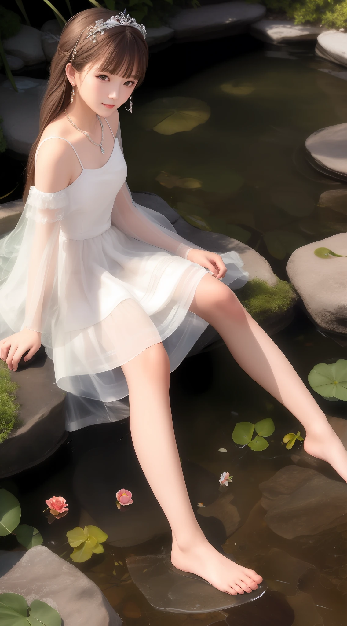 Best quality, masterpiece, high resolution, 1girl, transparent silk dress, beautiful face, hair accessories, sitting by the pond to wash your feet, one foot splashing, girl naughty smile, hair accessories, necklaces, jewelry, long hair, earrings, rounded feet, perfect toes, Tyndall effect, realism, dark studio, edge lighting, two-tone lighting, (high detail skin: 1.2), soft light, high quality, volumetric lighting, high resolution, 8k, background bokeh