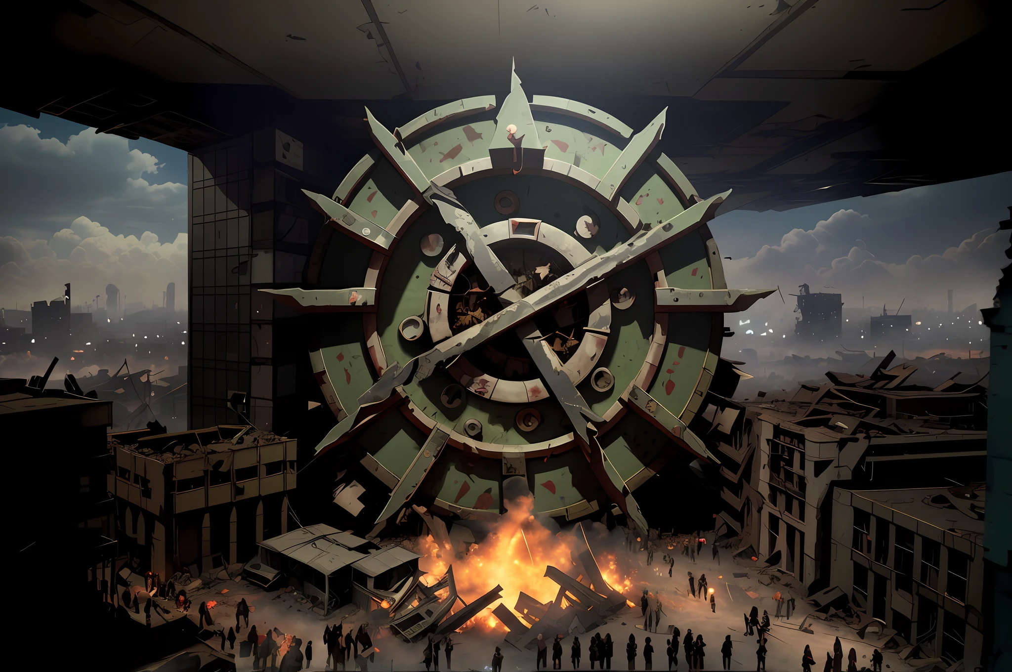 An apocalyptic city with a lot of zombies, dead people on the streets, a lot of blood, smoke, toxic gas, cars, houses and destroyed buildings, ultra-photorealistic, super detail, (textures everywhere))