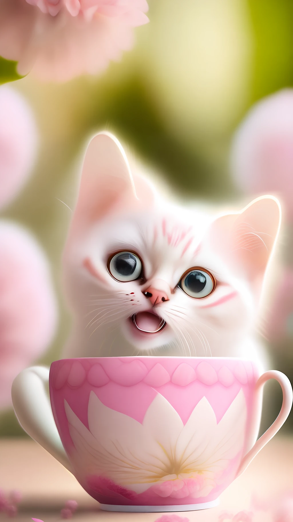 Very cute white tropicalpunk kitten, big eyes, in cup, open mouth, laugh, excitement, flowers, professional light, depth of field 8k, pink gold magic moment, professional photography, octane rendering, super realistic - amazing sunlight, dynamic composition, photography, sharp focus, bokeh