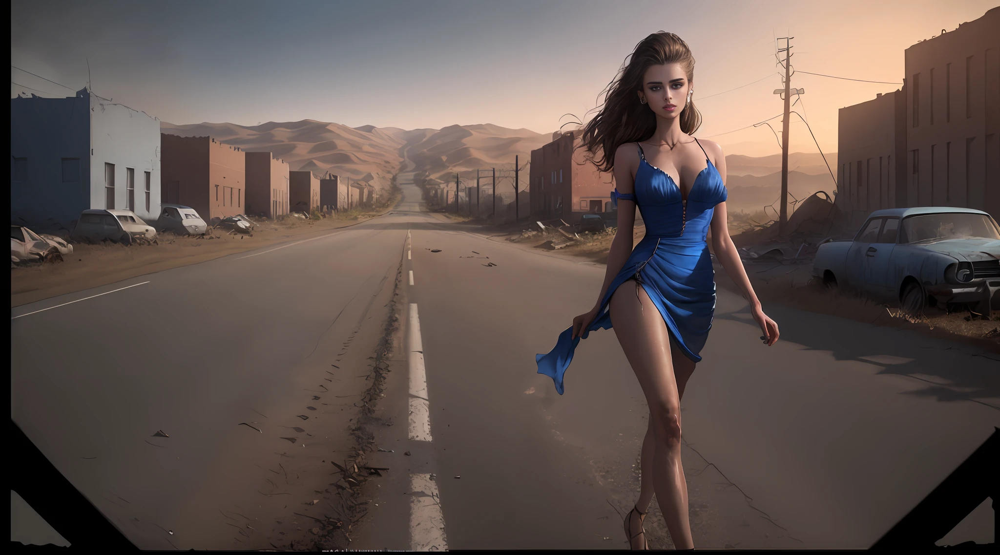 Taylor Hill (beautiful and bold, seductive and attractive, blue eyes, pointed breasts, long red dress of chiffon fabric, thick legs). (deserted road, dirt road, smoke, abandoned cars, newspapers, abandoned objects, bodies lying on the ground, abandoned road, dark night, apocalyptic scenery, barbed wires, abandoned city, cinematic effect), (Best quality, masterpiece, depth of field, Full HD, 4K, richness of detail). Portrait style