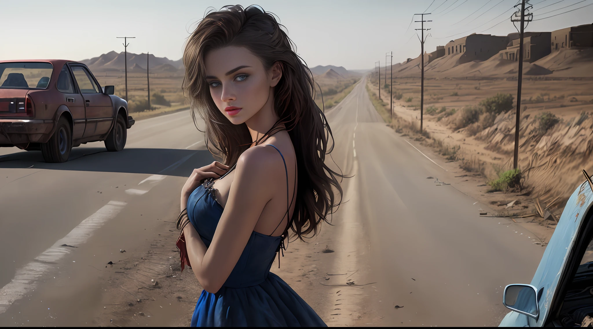Taylor Hill (beautiful and bold, seductive and attractive, blue eyes, pointed breasts, long red dress of chiffon fabric, thick legs). (deserted road, dirt road, smoke, abandoned cars, newspapers, abandoned objects, bodies lying on the ground, abandoned road, dark night, apocalyptic scenery, barbed wires, abandoned city, cinematic effect), (Best quality, masterpiece, depth of field, Full HD, 4K, richness of detail). Portrait style