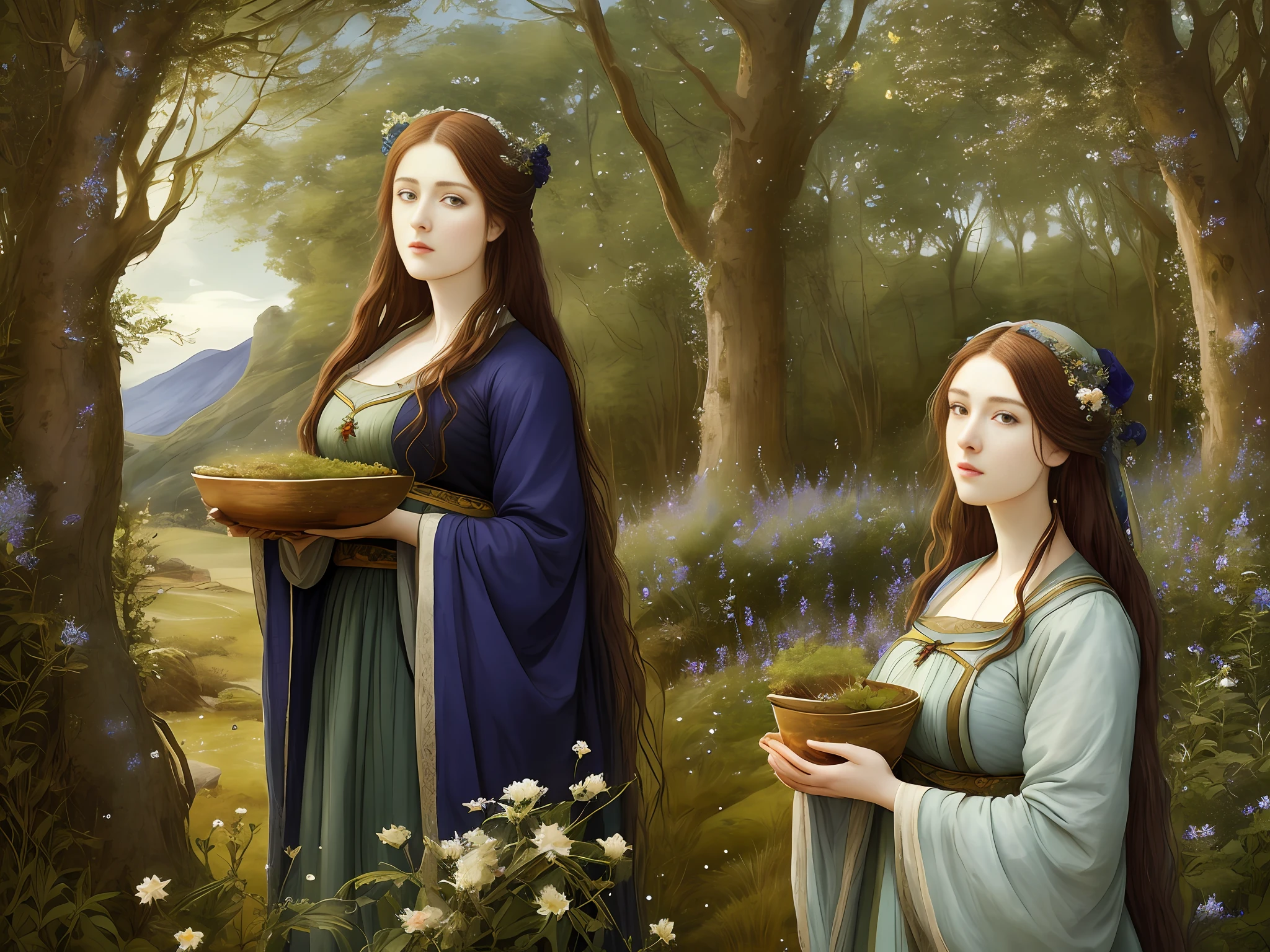 "A Pre-Raphaelite painting with stars protruding, mysterious Celtic landscapes under the sky, shooting stars - perfect setting for harvesting Renaissance herbs", Hanfu, sexy, big breasts, low-cut, epic composition