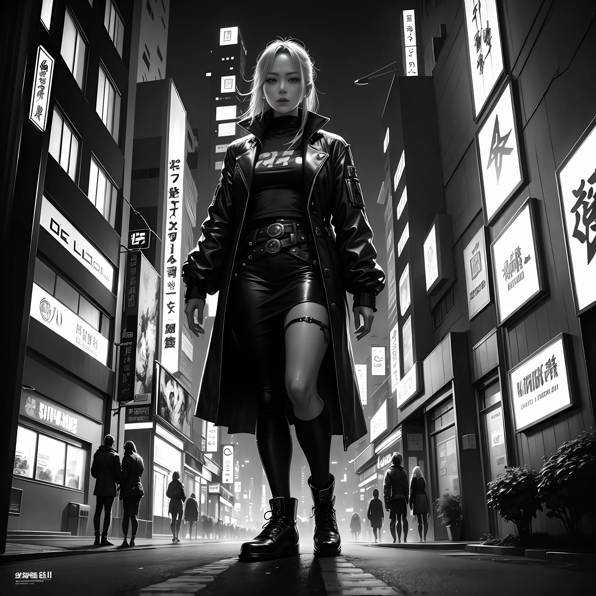 Night city, cyberpunk, manga style, populated by several distinctive people and cars, Inoue Takehiko-inspired black and white artwork.
