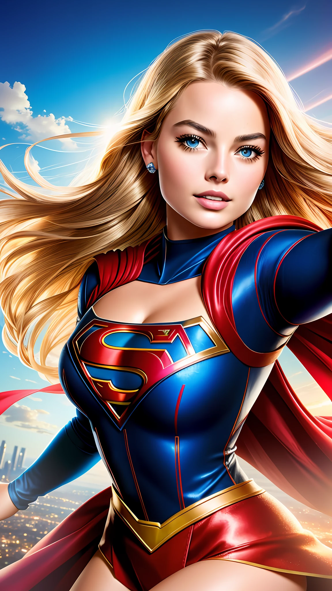 photographic portrait of Supergirl, margot robbie, colorful and realistic round eyes, dreamy magical atmosphere, superheroine costume, (large breasts: 1.3),