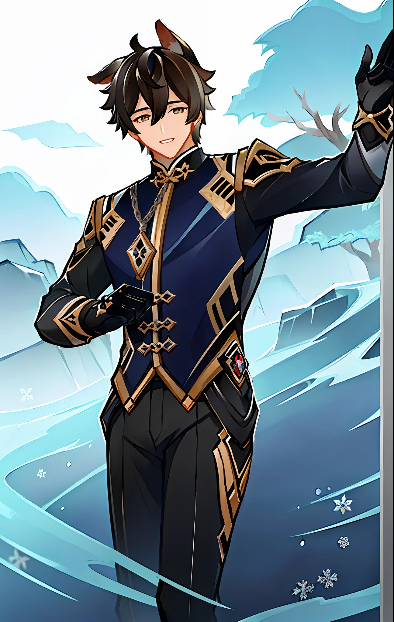 (((Masterpiece))), best quality, black blue Zhongli(male) from Genshin Impact, with canine ears, dynamic pose, detailed clothing, (determined expression|calm), dramatic black stone pillars background.