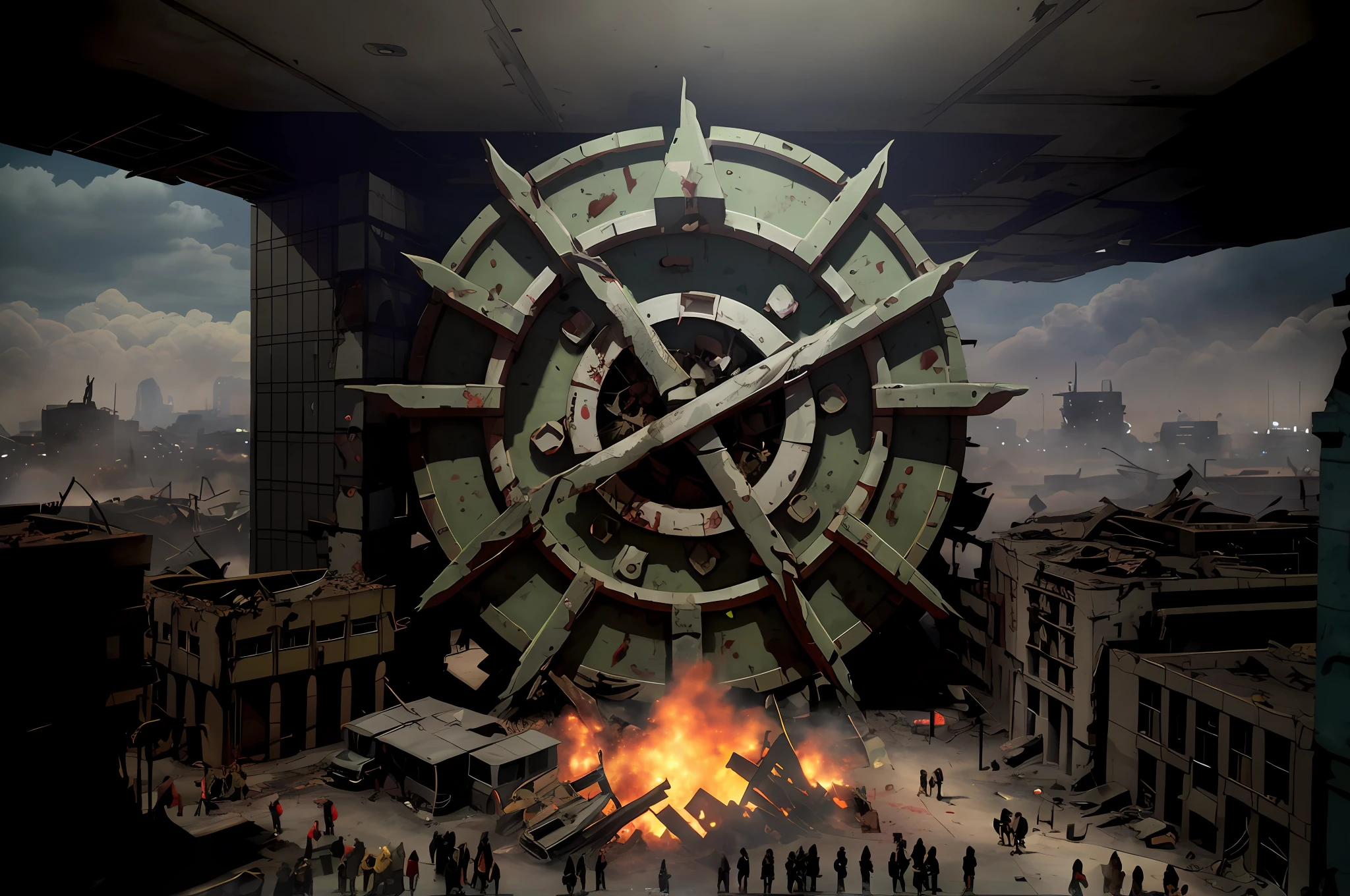 An apocalyptic city with a lot of zombies, dead people on the streets, a lot of blood, smoke, toxic gas, cars, houses and destroyed buildings, ultra-photorealistic, super detail, (textures everywhere))