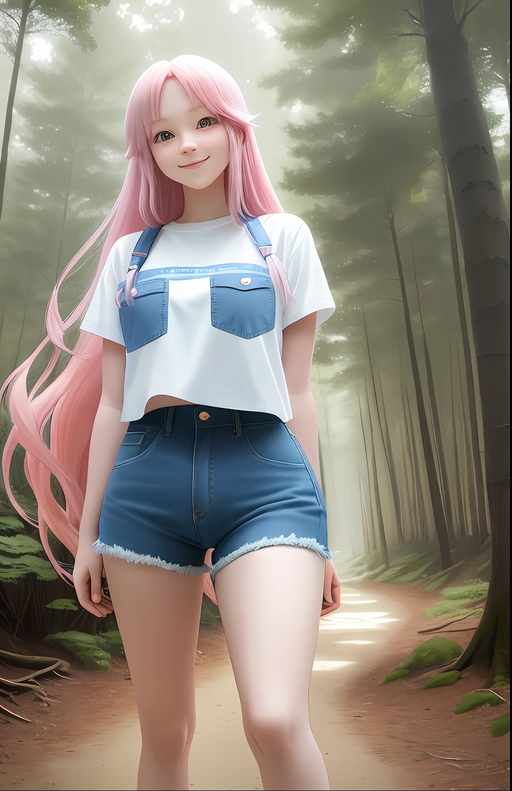 Anime style, in the forest, a girl with long pink hair, wearing a white shirt and blue jeans, looks at me with a smile