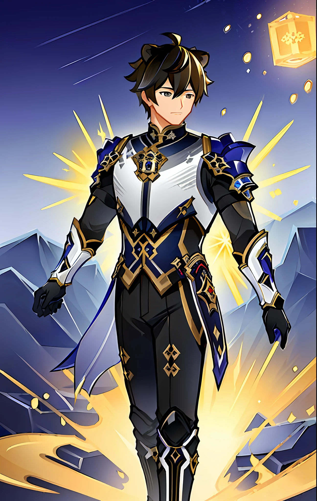 "(((Masterpiece))), best quality, ultra-detailed, dark blue Zhongli (male, athletic) from Genshin Impact, with lion ears, intricately detailed plate armor, emanating calmness, standing against dramatic black stone pillars background.."