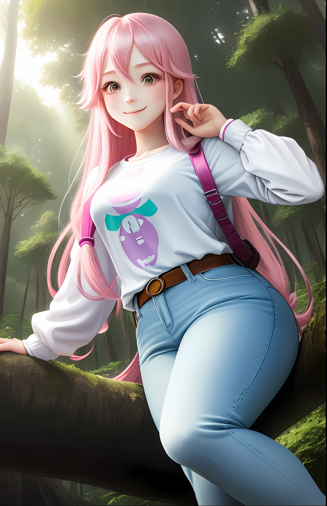 Anime style, in the forest, a girl with long pink hair, wearing a white shirt and blue jeans, looks at me with a smile