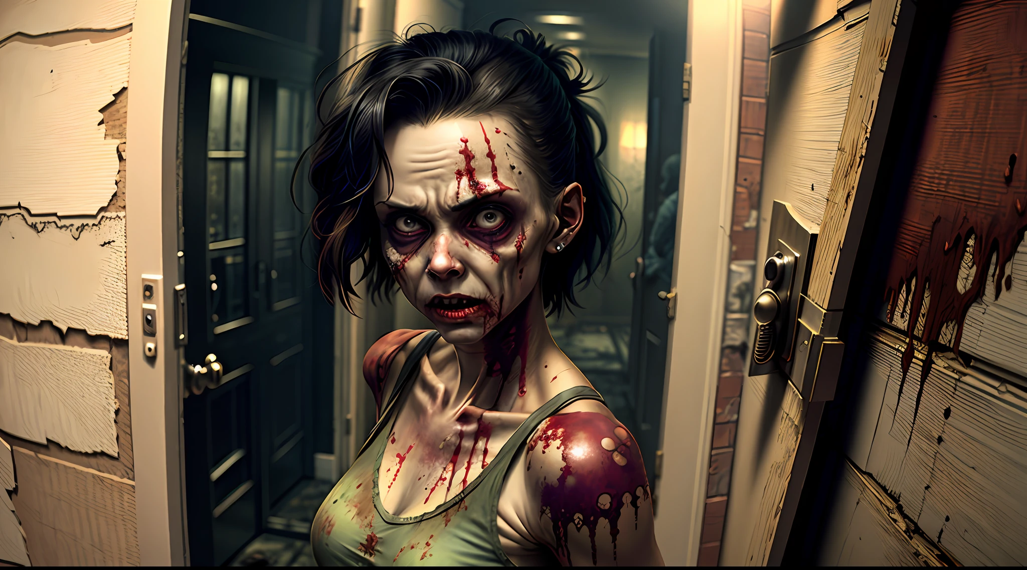 hot zombie girl in a haunted house, realism