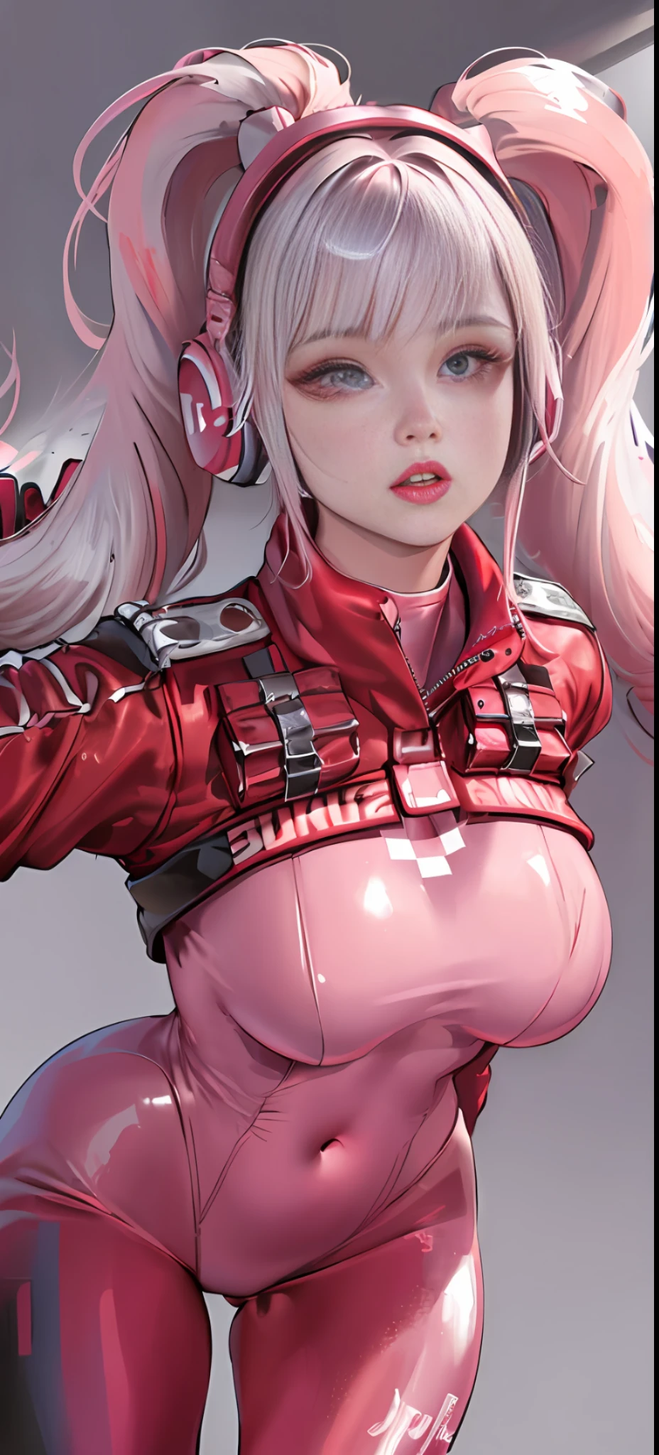 1girl, arms up, bangs, tights, navel covered, (hip closeup, turn back: 1.4), cropped jacket, gloves, headphones, impossible tights, red jacket, big breasts, white hair, long sleeves, looking at the audience, squat, medium breasts, supine, lips apart, pink leotard, pink eyes, pink hair, fluffy sleeves, red jacket, shrug \ (clothes\), tights, solo, double ponytail, alice \ (nikke\), (Masterpiece: 1.4), (Best Quality: 1.4), (Shiny skin), realistic