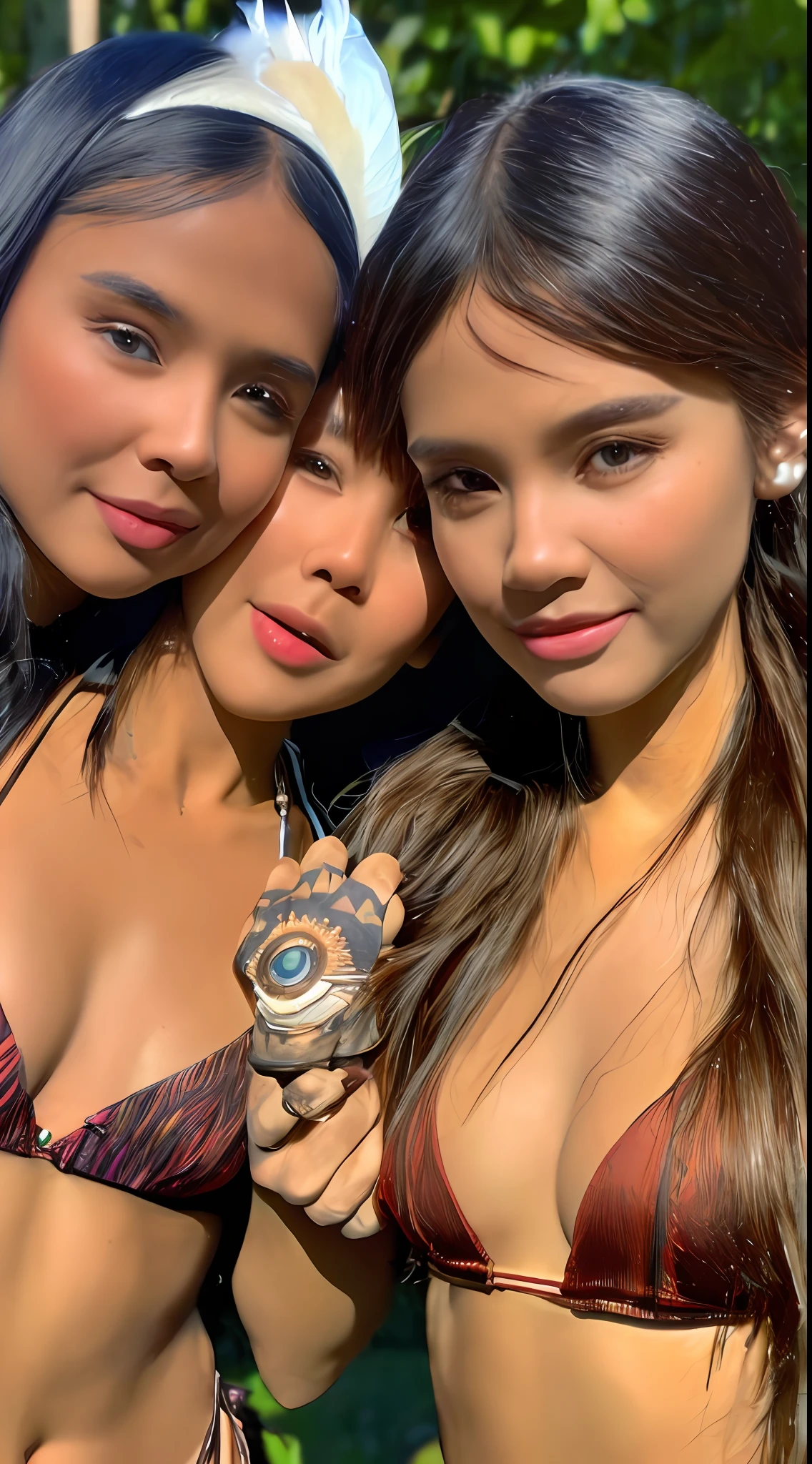 {{full color}}, {{medium shot}, tight framing}, (side by side), {(three) (young american indian girls), anime style, petite, cute}, {wearing (earth-colored bikini lingerie), (long gloves), (cotton scarf), (feather headdress)}, evil smile, (hair tied), (looking visualizer), {slender figure, mayoral anatomy}, {arms behind back, hidden hands}, {(face painting), (body painting), lot of (tribal tattoos)}, (skin pores, skin texture, subsurface scattering), (absurd), (masterpiece, best quality, ultra thin), (hyper detailed, beautiful face detailed, insanely detailed skin, insanely detailed resolution, ultra texture, perfect detailed face, sharp focus, blurred, clarity, sharp, octane render, unreal engine, low iso, sharp edges), (cinematic color classification, photorealistic, ultrarealistic, sunny landscape in daylight, natural lighting, HDR), (DOF, bokeh, atmospheric)