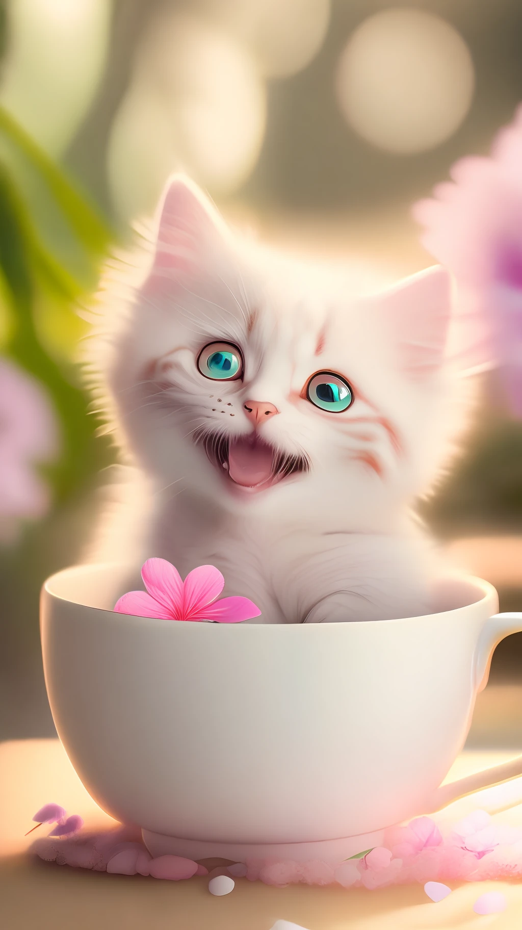 Very cute white tropicalpunk kitten, big eyes, in cup, open mouth, laugh, excitement, flowers, professional light, depth of field 8k, pink gold magic moment, professional photography, octane rendering, super realistic - amazing sunlight, dynamic composition, photography, sharp focus, bokeh