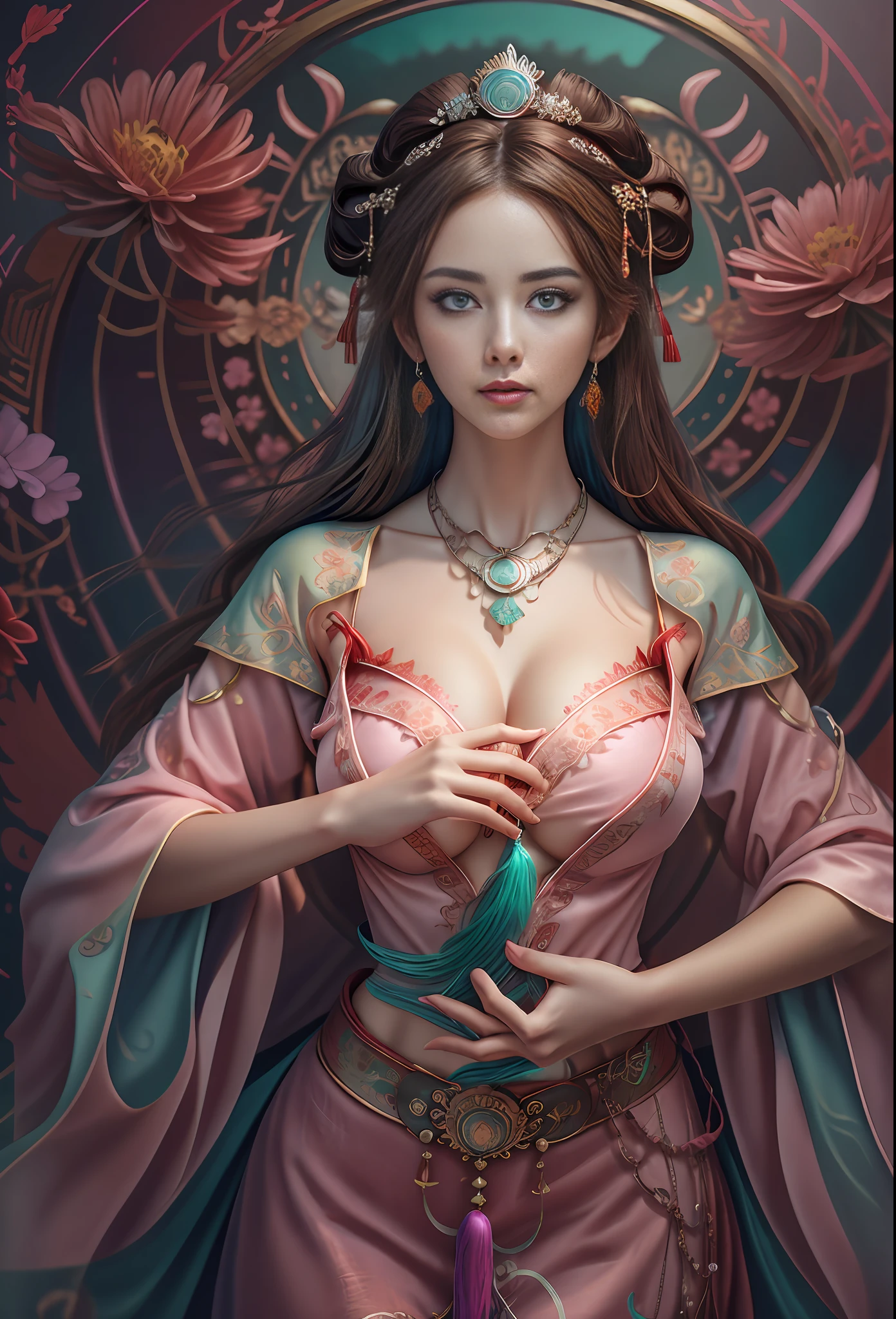 Best quality,masterpiece,ultra-detailed high res,(photorealistic:1.4),raw photo,,illustration,
1girl dancing,(solo:1.2),(cowboy shot:1.2),(hair crown:1.2),Traditional chinese dunhuang style lace clothes,Strapless,(red eyeliner:1.2),(huge breasts:1.4), (v-neck:1.5), (big necklace:1.4), lace armour, (beautiful eyes :1.4), (looking at viewer:1.5), earrings,dynamic angle,Opera House,messy_long_hair,ink,cinematic lighting,lens_flare, Velvet, chrysanthemum,Tassel,Ribbon,color embroidery, white gold pink blue violet green