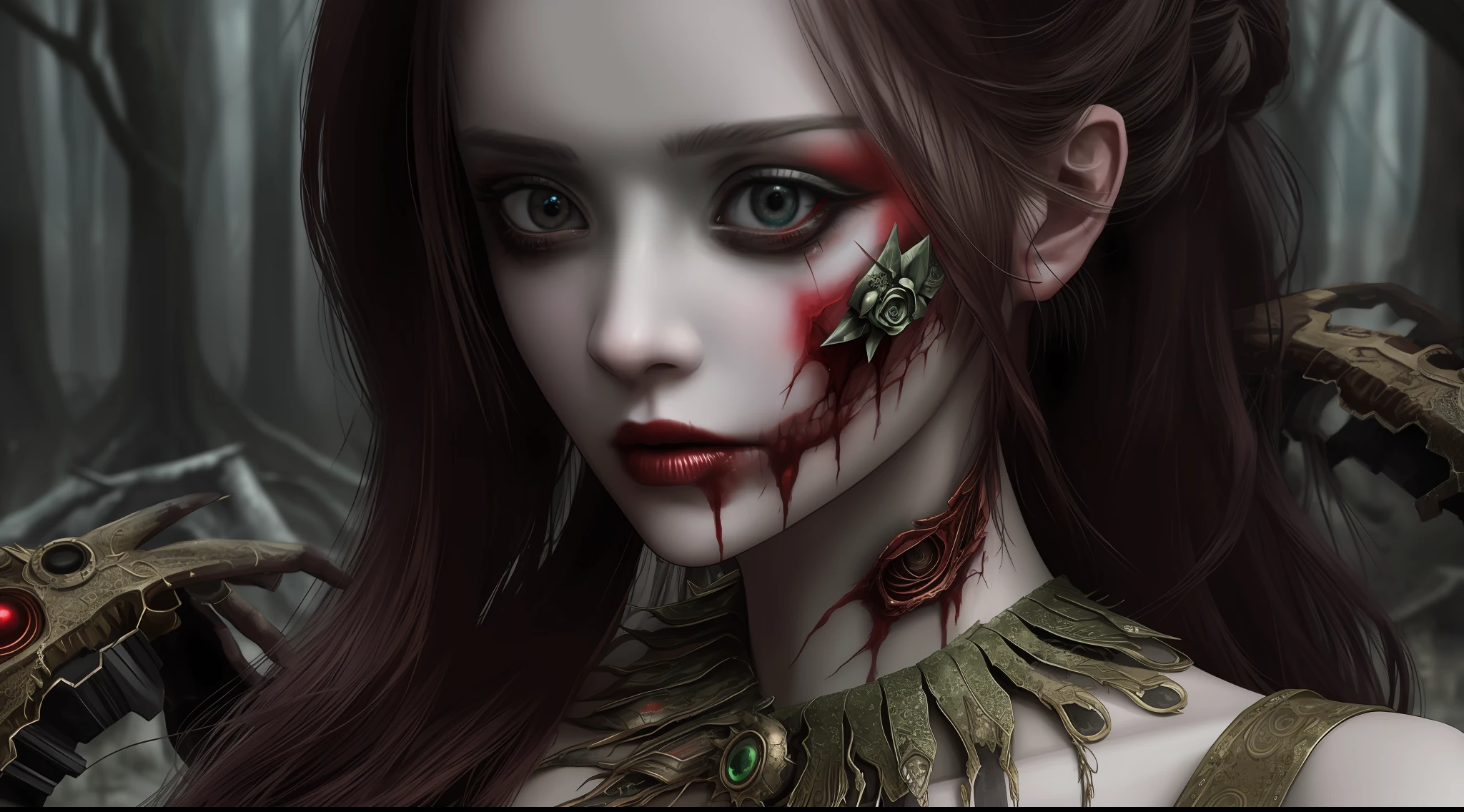 Amazing detailed photography of a perfect beautiful 1girl post apocalyptic, horror; zombie, SFX, insanely detailed & intricate, hypermaximalist, elegant, ornate, hyper realistic, super detailed, serene, canon, 85mm