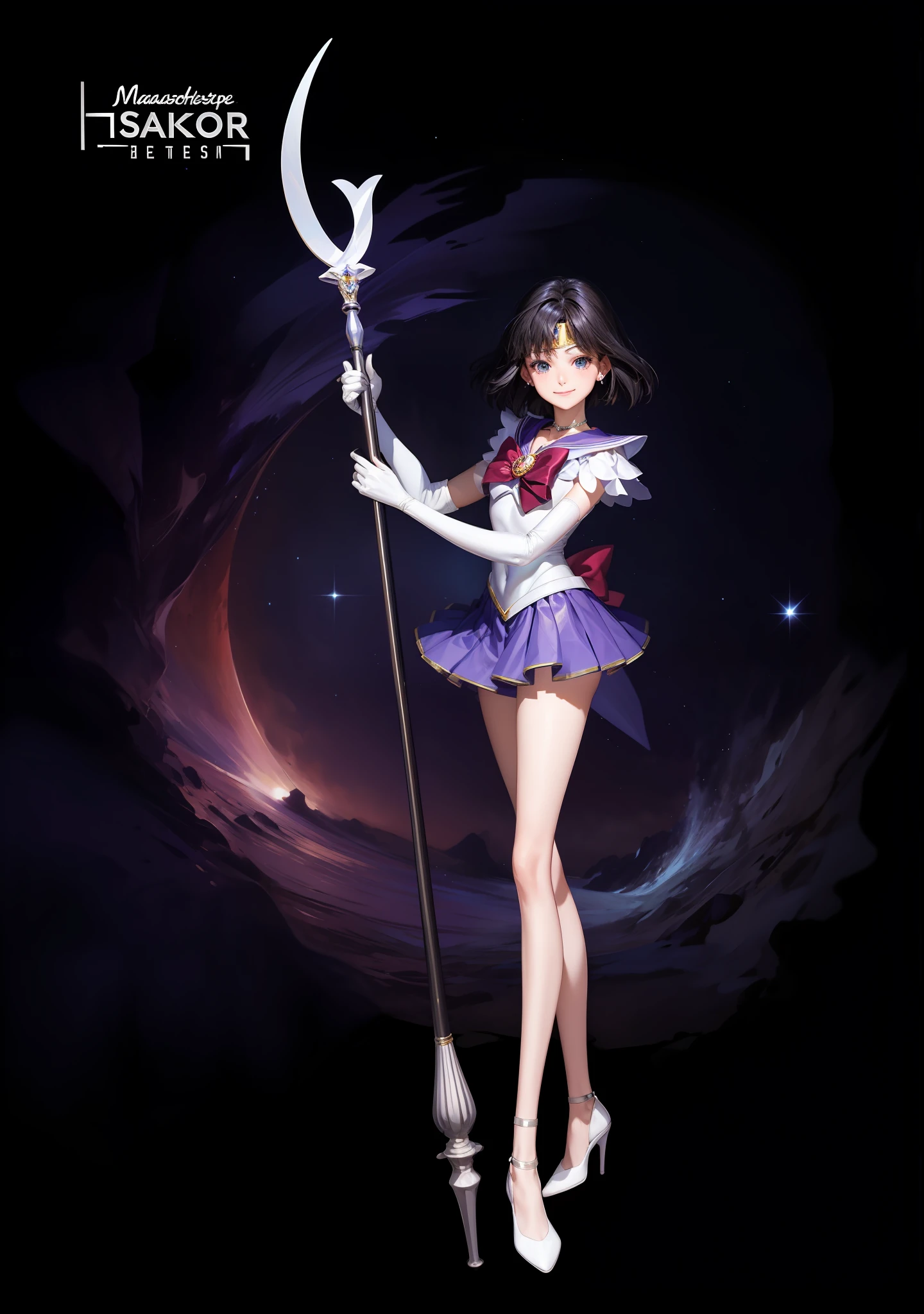 (masterpiece, best quality:1.2), solo, 1girl, sailor saturn, magical girl, smile, closed mouth, looking at viewer, hand on hip, tiara, sailor senshi uniform, pleated skirt, elbow gloves, jewelry, brooch, choker