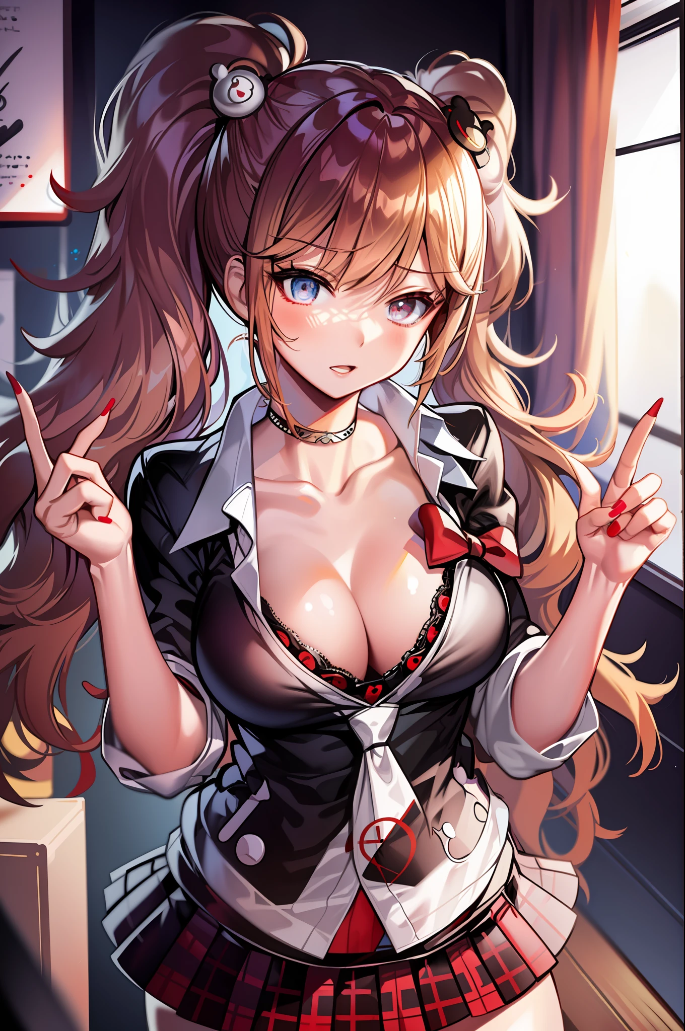 (masterpiece:1.4), best quality, 1girl, solo, junko enoshima, bear hair ornament, nail polish, red nails, red bow, black shirt, underwear, choker, black bra, cleavage, collarbone, sleeves rolled up, white necktie, pleated plaid red skirt, school uniform, black cross-laced knee boot,shiny, shiny hair, high contrast, vibrant colors, big breasts, growth body, boobs opened, shirt unbuttoned, sexy girl, pose, crazy