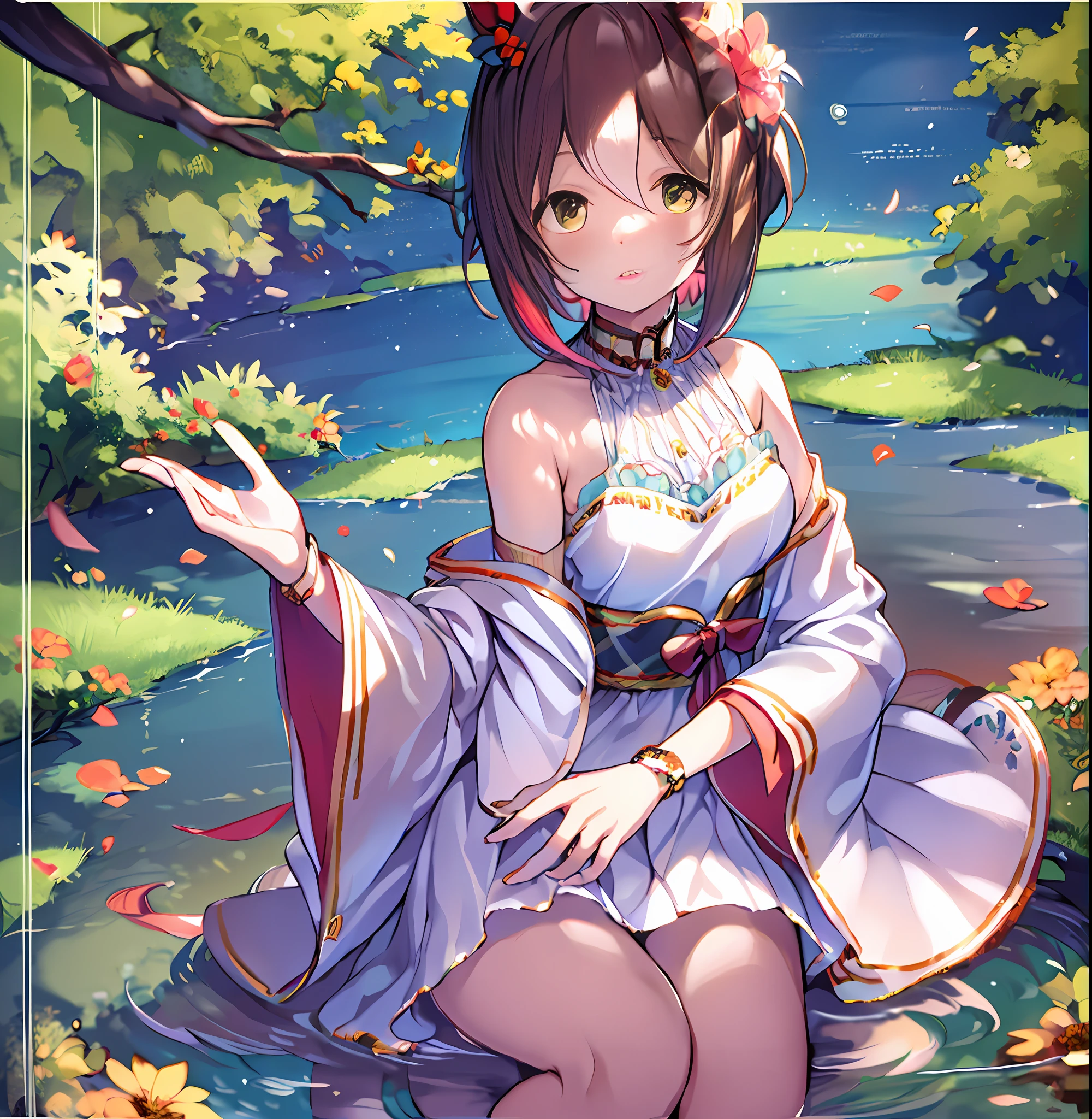 (extremely detailed), best quality, high resolution, beautiful movement, beautiful japanese girl, short bob, big eyes, red lipstick, white kimono, flower embroidery on the neck, floral pattern, reflection on the surface of the water.
【Note:Ja中的逗号表示一组相近的tags,提示AI模型强调相似组的效果,句号则表示一组紧紧相连的tags,想象与臆造的空间更大】