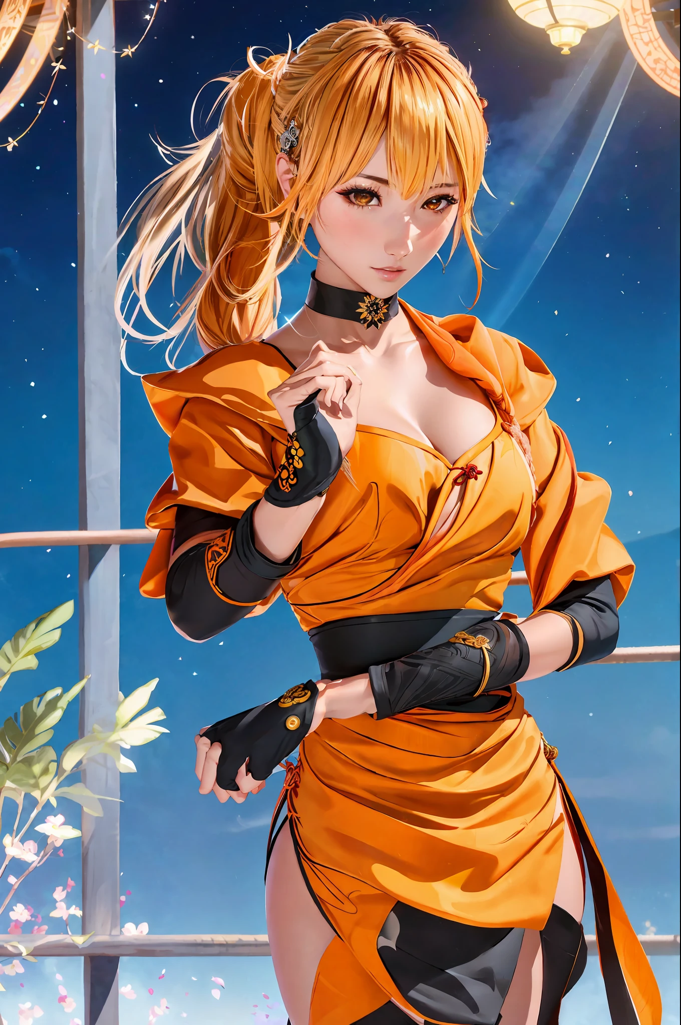 sarashi,1girl, breasts, Yoimiya (Genshin Impact), solo, kimono, blush, bandage, gloves, kimono, camera gaze, blonde, fingerless gloves, big tits, orange kimono, choker, obi, hair ornament, tattoo, single fingerless gloves, parted lips, red choker, bandaged legs, bangs, obi, knee socks, arm tattoo, rope, cowboy shot, black gloves, Vision (Genshin Impact), thigh, jewel, ponytail, single glove, bandaged arm, shimenawa, bracelet, sarashi, orange eyes, hair between eyes, collarbone, chest tattoo, outdoor, bird, cleavage, night, yellow eyes, sky, bare shoulders, standing, blurred, East Asian architecture、、、 (masterpiece: 1.0), (Best quality: 1.0), (8k wallpaper: 1.0), very delicate and beautiful , (Beautiful Detailed Face: 1.0), (Detailed Deep Eyes), Symmetrical Chest, Deep Eyes,