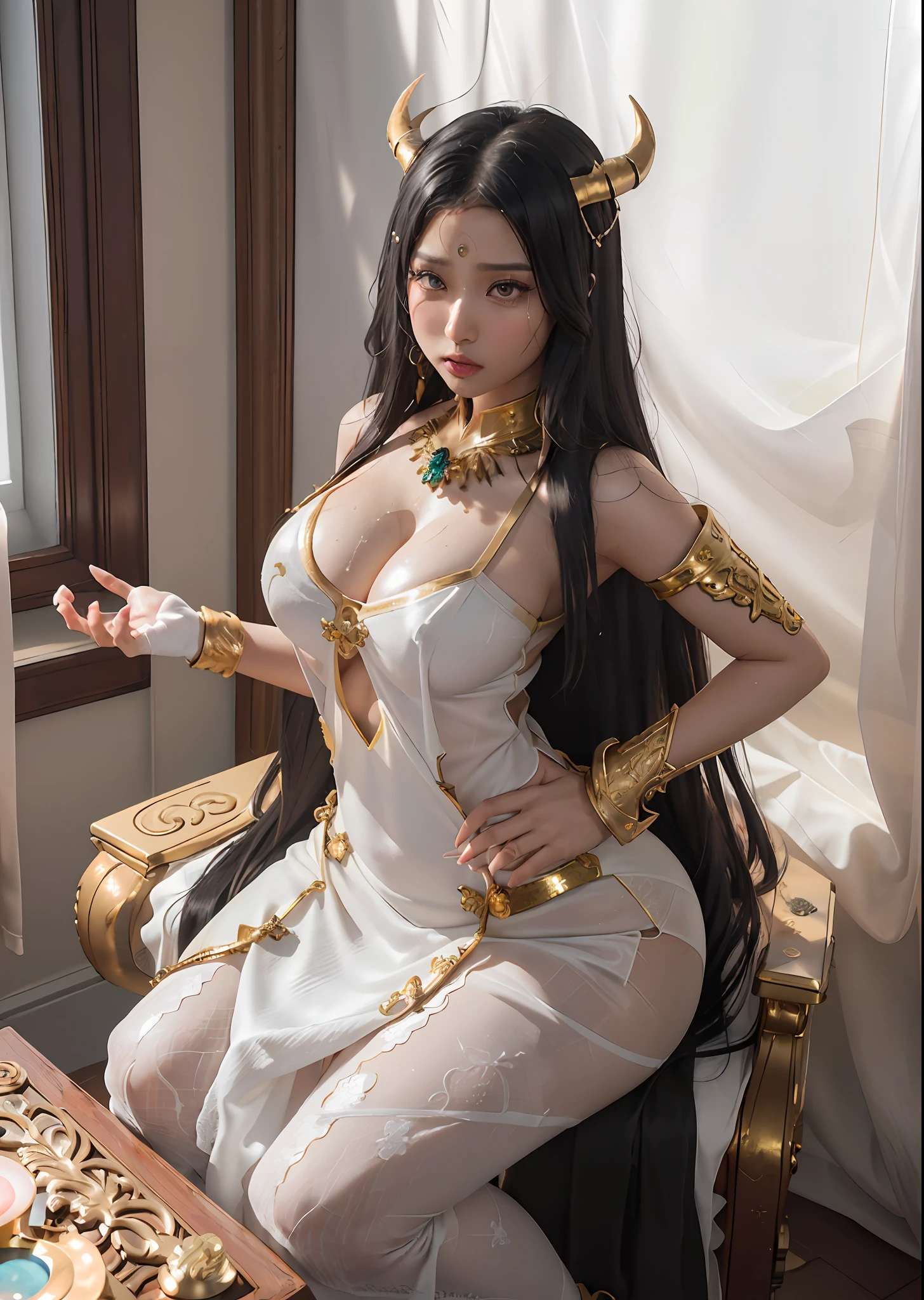 Nsfw, hyperrealism hentai, fit and toned, sexy Nicki Minaj as Albedo in her signature white dress with large breasts fully revealed, Overlord anime, busty, breasts exposed, photorealistic hentai, (8k, RAW photo, best quality, masterpiece:1.2), (photorealistic:1.4), beautiful lighting, 1girl, cosplay, (high detailed skin:1.2),, horns, gloves, beautiful face, ultra-detailed, golden ornaments, beautiful eyes, six pack abs, blushing, tan skin, half Japanese half Black, tears in her eyes, emotional, kneeling at the throne of Ainz waiting for a, perfect Albedo cum, perfect Overlord style palace background, perfect composition