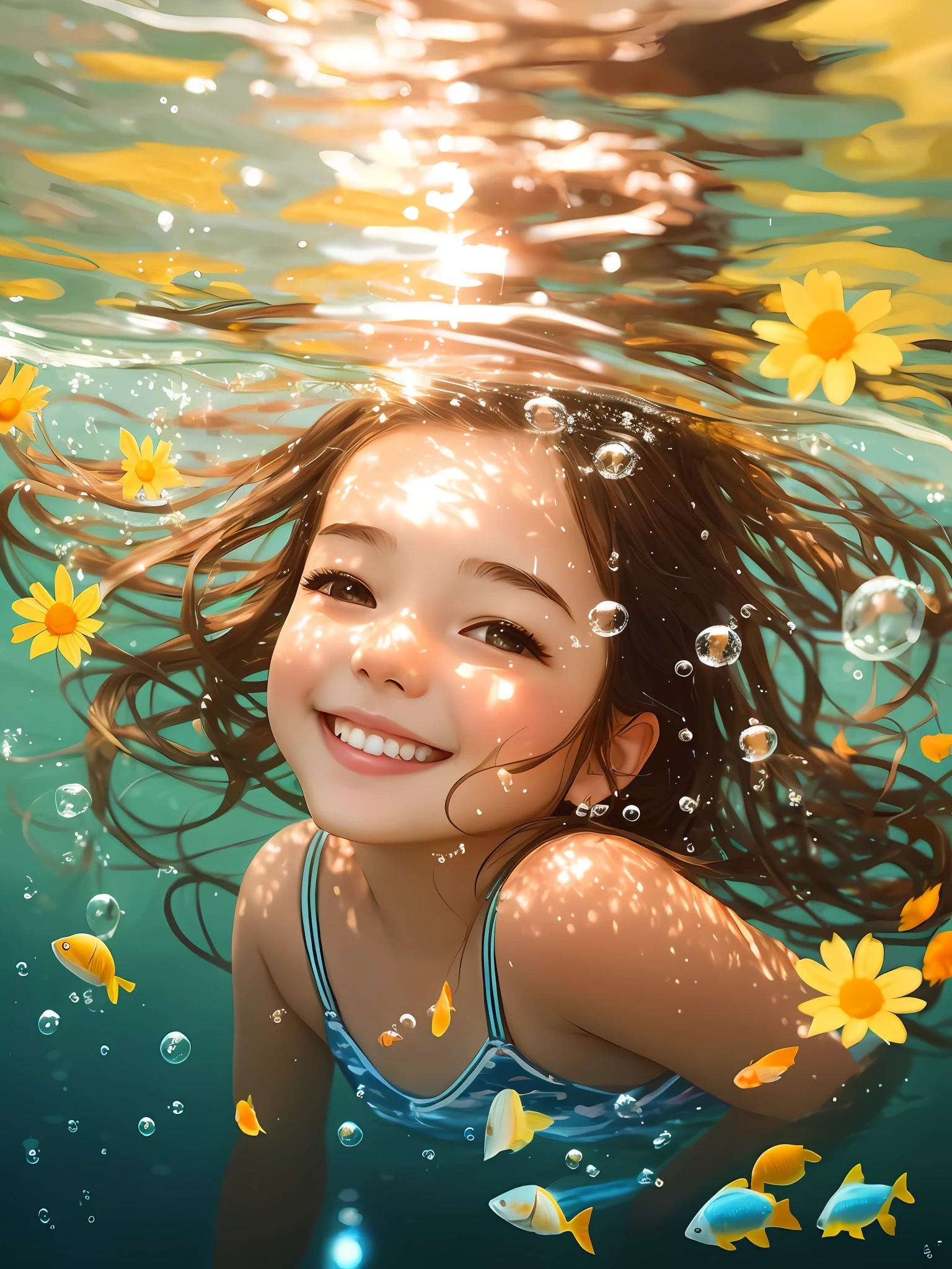 There is a girl swimming in the water, happy smile, sunny face, innocent girl, lots of blisters, bubbles, a lot of fish, cute digital painting, beautiful digital artwork, realistic effect, high texture