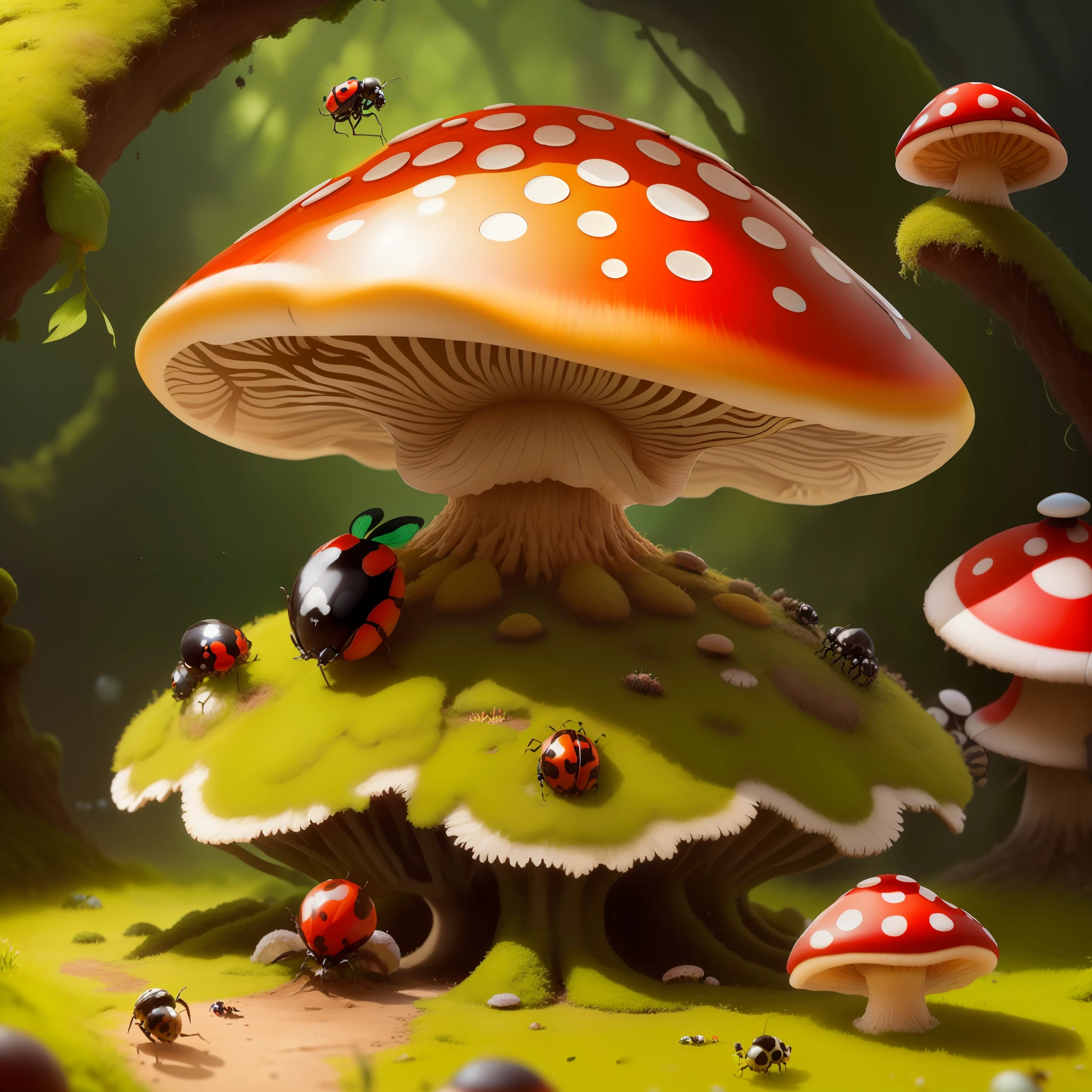 anthill made from huge mushroom with small ladybug and caterpillar in mossy area hyper detail