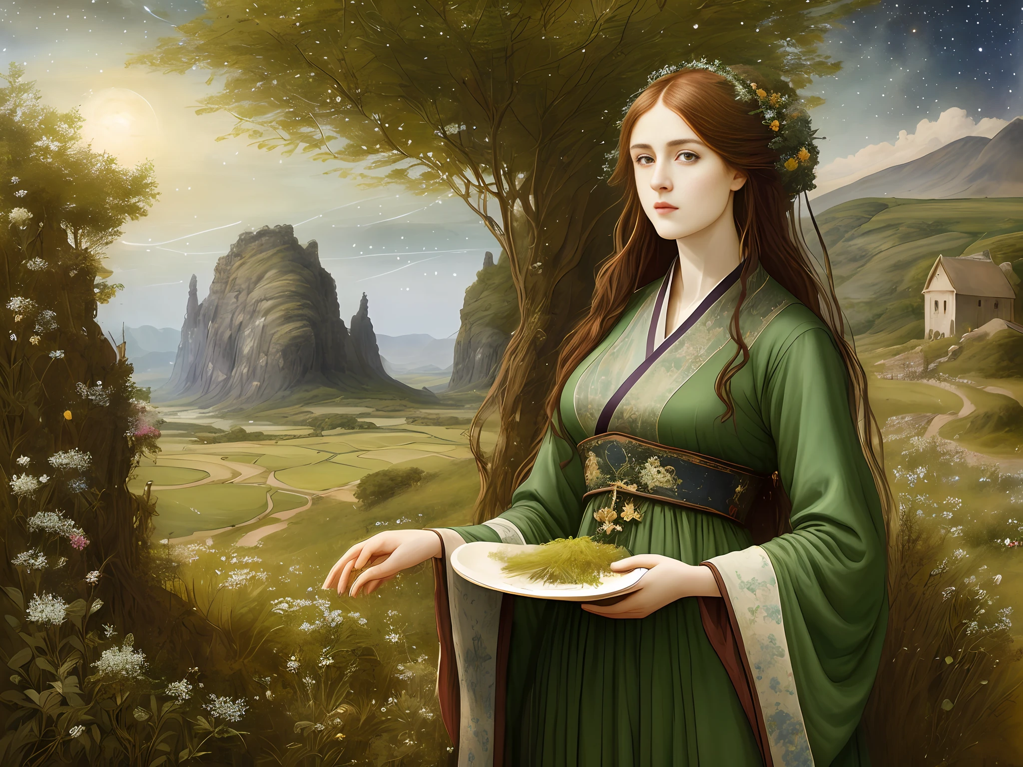 "A Pre-Raphaelite painting with prominent stars, mysterious Celtic landscapes under the sky, shooting stars - perfect setting for harvesting Renaissance herbs", silk hanfu, sexy, big breasts, low cut, epic composition, oil painting texture, crusu