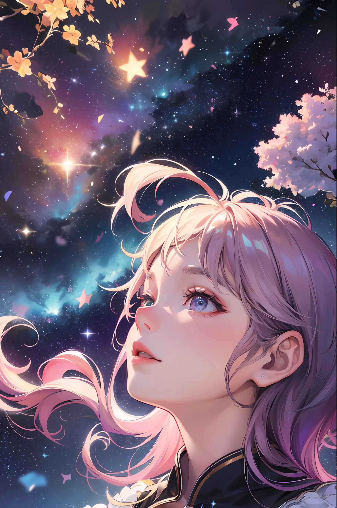 High detail, super detail, super high resolution, girl enjoying her time in the dream galaxy, surrounded by stars, warm light sprinkled on her, background is starry sky with colorful galaxies and galaxy clouds, stars flying around her, delicate face, adding playful atmosphere , --v6