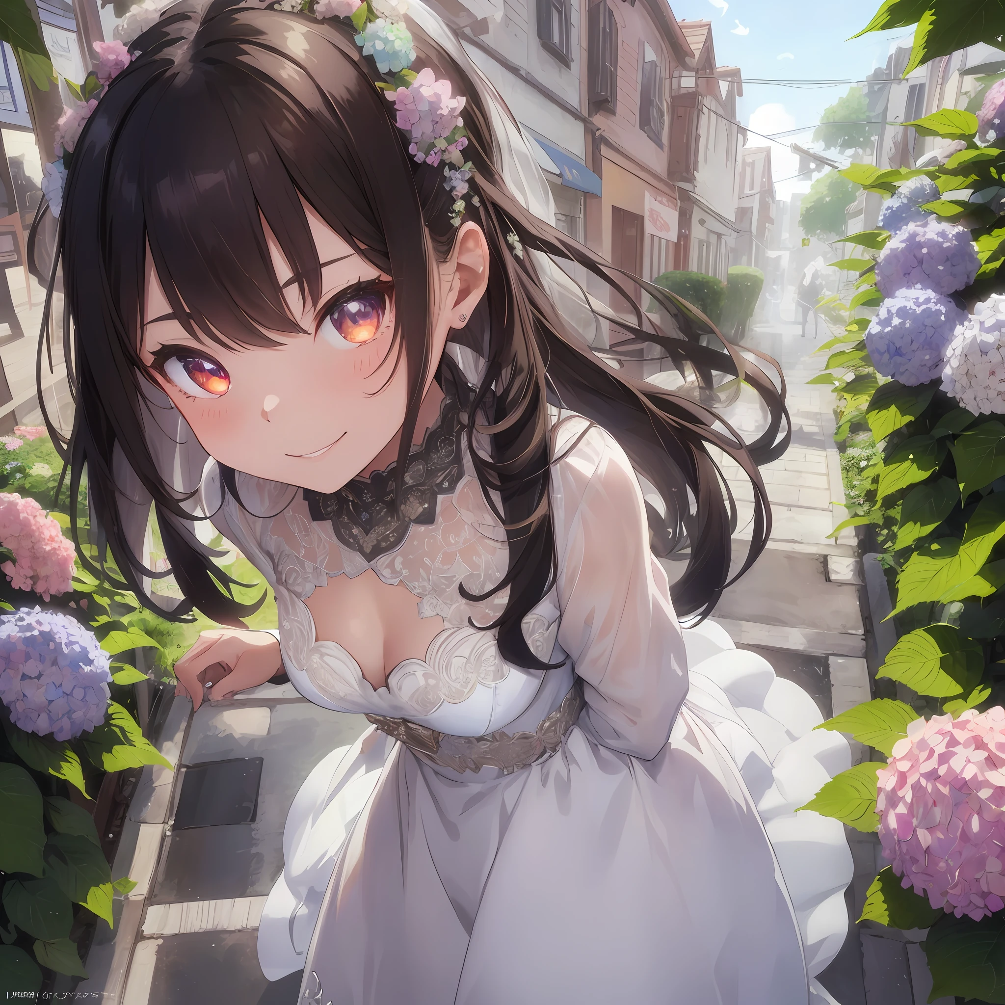 intricate background, Color schemes using multiple colors, thick eyebrows, beautiful eyes, rabbit ears, Intricate Fractal wedding dress, wedding dress fused with hydrangea, evil smile, ((masterpiece)), ((best quality)), (ultra-detailed), a cute girl, 1girl, solo, ((beautiful eyes)), intricate background, anime girl, happy, cute face, full body beautiful anime style girl, beautiful detailed eyes, clean detailed faces, five fingers, textile shading, perfect anatomy,